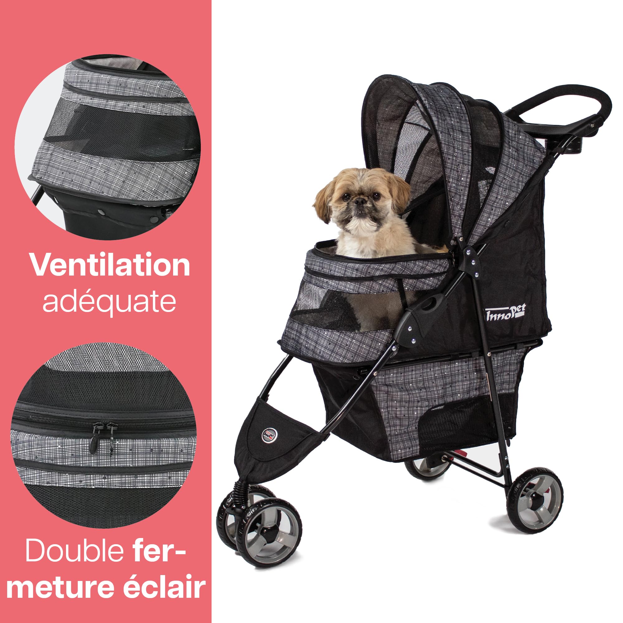 Poussette Innopet Avenue Gris pour chiens et chats - Housse de pluie incluse - Poussette légère pour animaux, poussette pliable à 3 roues avec sangles de sécurité et panier de rangement