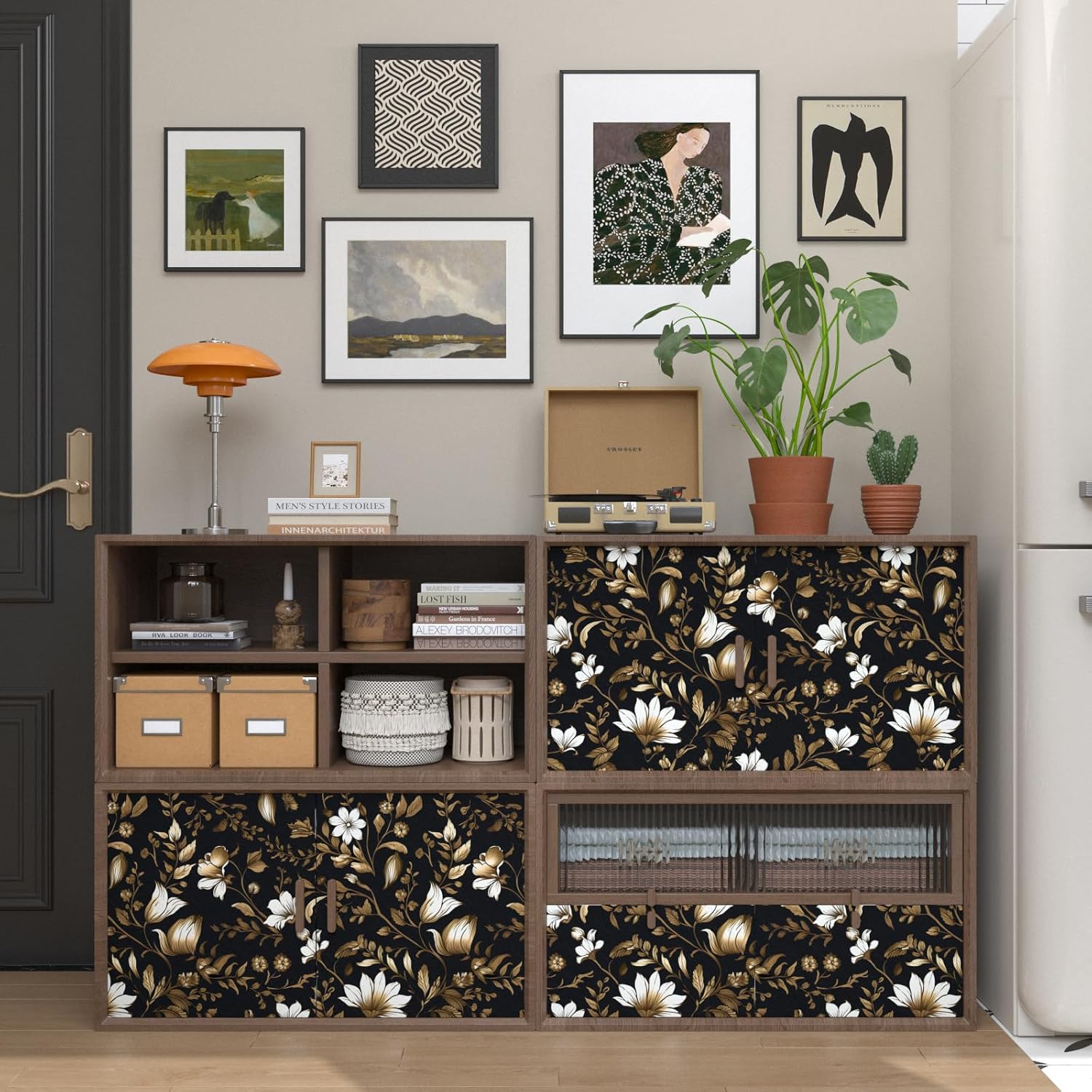 BOKEBEVE Retro Leaf Contact Paper Peel and Stick Floral Wallpaper Vintage Black Gold Wall Paper for Cabinet Countertop Bedroom Removable Renter Friendly 17.5 x 196.5In