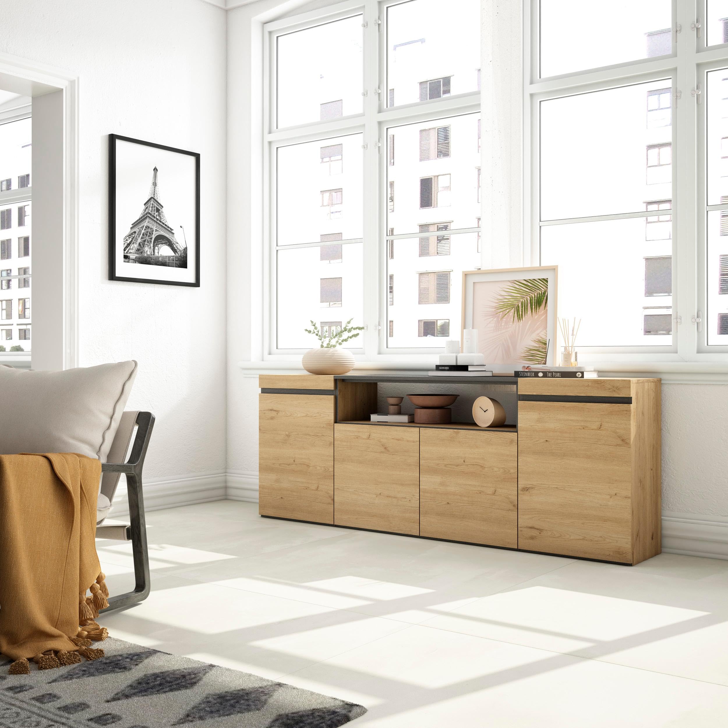 Skraut Home | Sideboard, Highboard | Kommode, Komodenschrank | 200x75x35cm | 4 Türen | Wohnzimmer, Küche | Moderner Stil | Eiche Schwarz