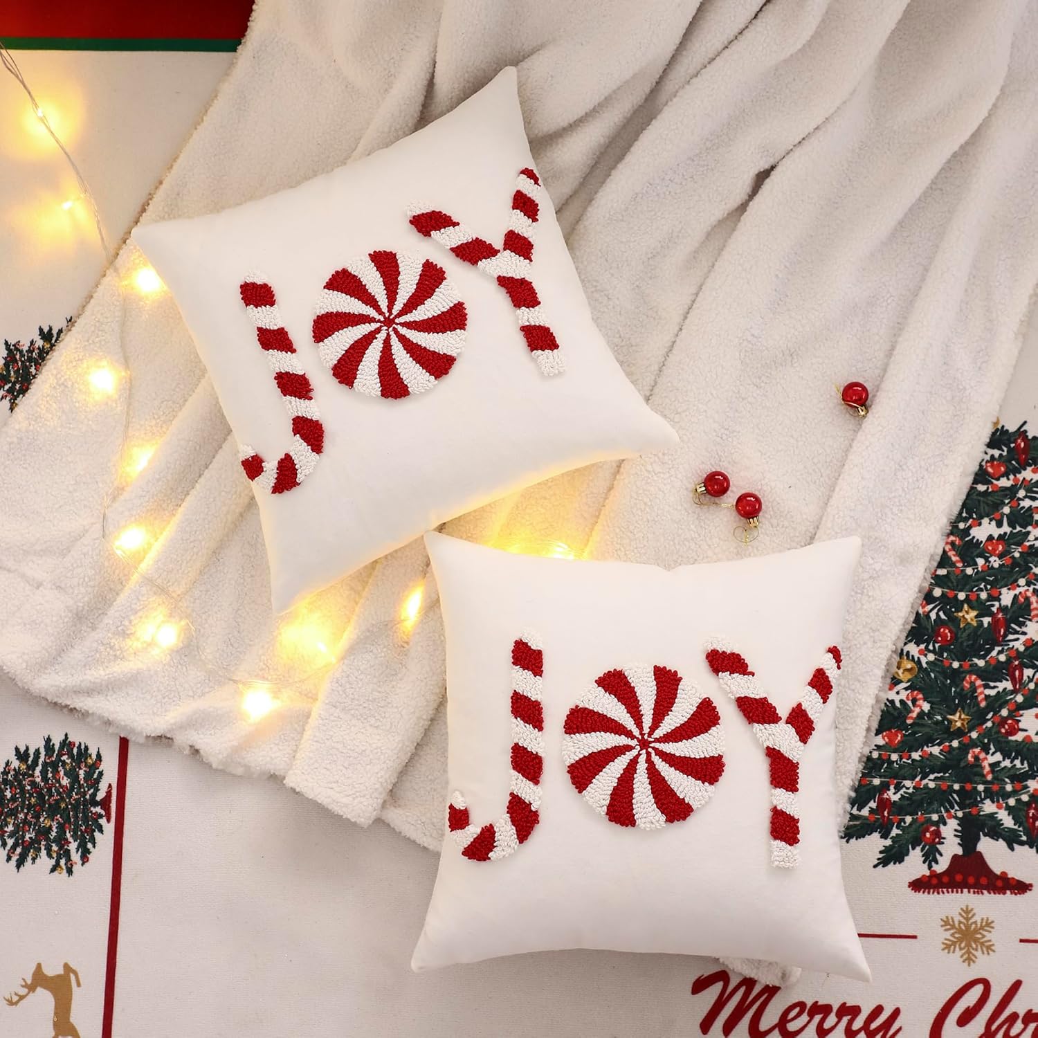 Christmas Pillow Covers 18 x 18 inch Set of 2 Red Xmas Joy Tufted Throw Pillow Cover Christmas Party Decorations Winter Holiday Embroidery Cushion Case for Sofa Couch Bed Living Room