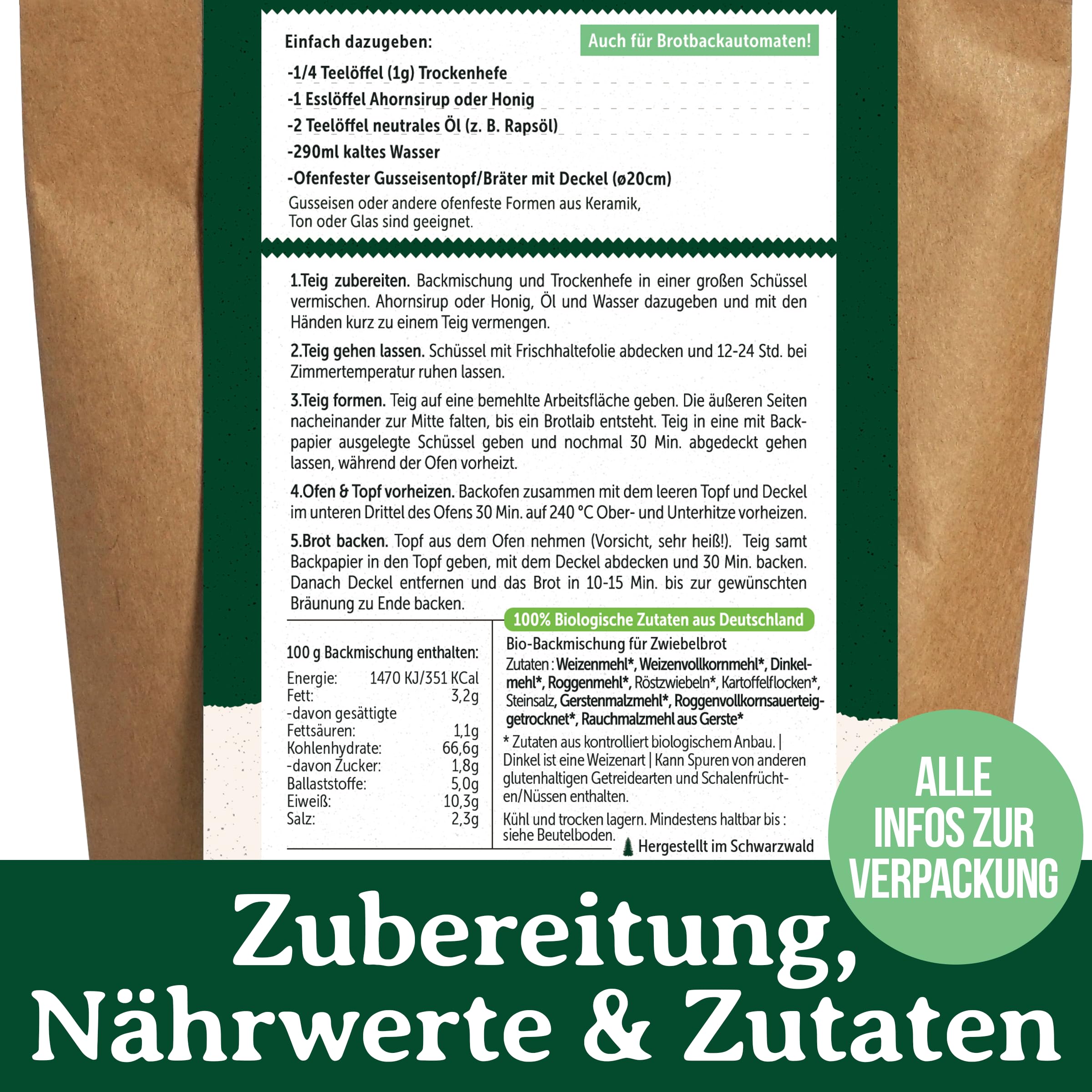 Bio Brotbackmischung Rustikales Zwiebelbrot – mit Röstzwiebeln – herzhaftes Bio Brot ideal für Grillen, Brotzeit & Ofen – auch für Brotbackautomat – Bake with Love – 10er Pack