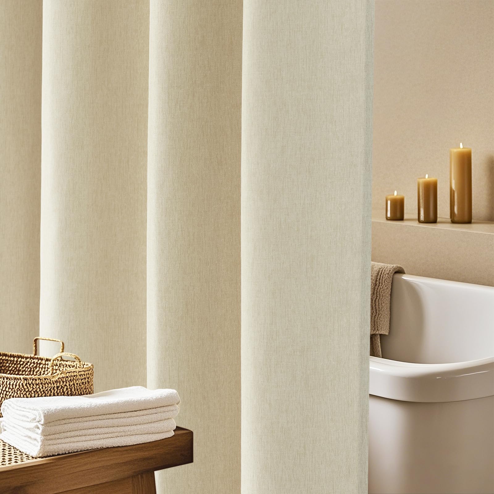 Seenus Petit rideau de douche en tissu beige résistant à l'eau et à texture de lin synthétique durable pour salle de bain de style rustique et bohème pour camping-car, remorque (152 x 167 cm)