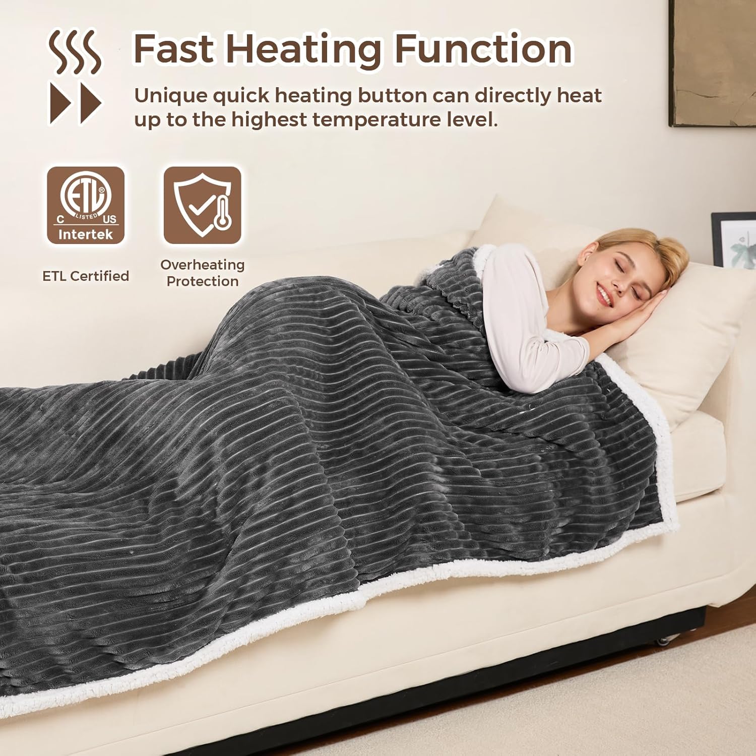 Electric Blanket Heated Throw, Soft Flannel & Sherpa Wearable Heated Blanket Hoodie, Heated Shawl Wraps for Gift with 6 Heating Levels & 12H Auto Off, ETL Certified, Home Office, 40x70 Inch, Dark Grey - Image 6