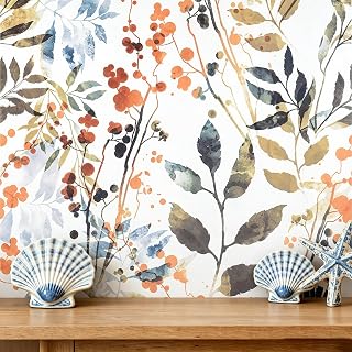 AbaBoorty Watercolor Botanical Wallpaper 17.5"x197" Removable Peel and Stick Floral Leaf Berry Wall Mural, Self-Adhesive Boho Decor for Bedroom Living Room Kitchen Accent Walls