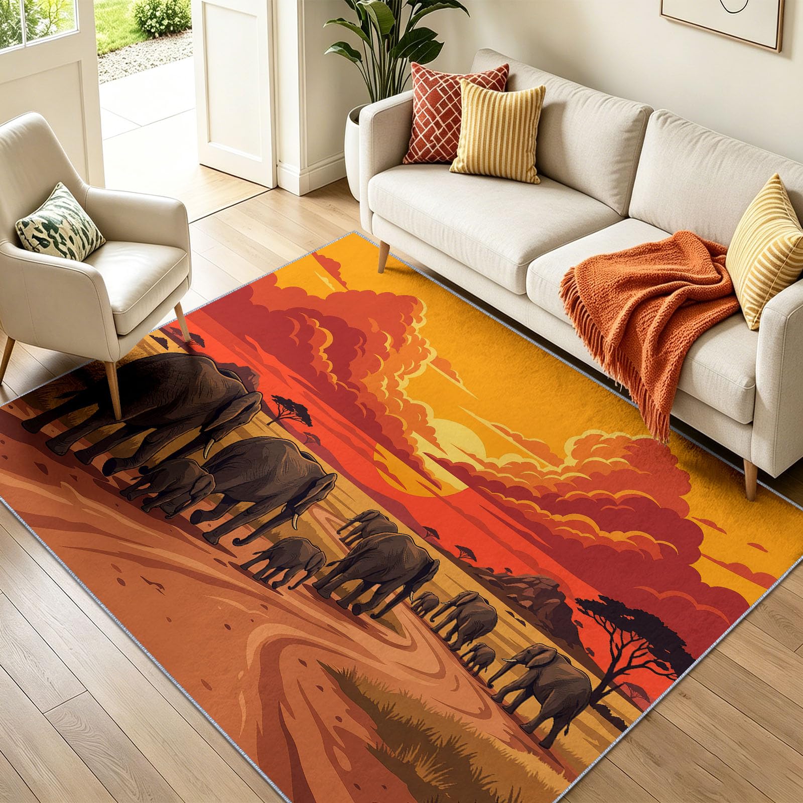 Tapiss 60 x 110 cm, Tapis Antidérapants Afrique Coucher Soleil Faune Sauvage Éléphant Courts pour Bureau Salle de Bain Salle à Manger, Paysage Naturel Orange Jaune Chambre Descente De Lit Carpet