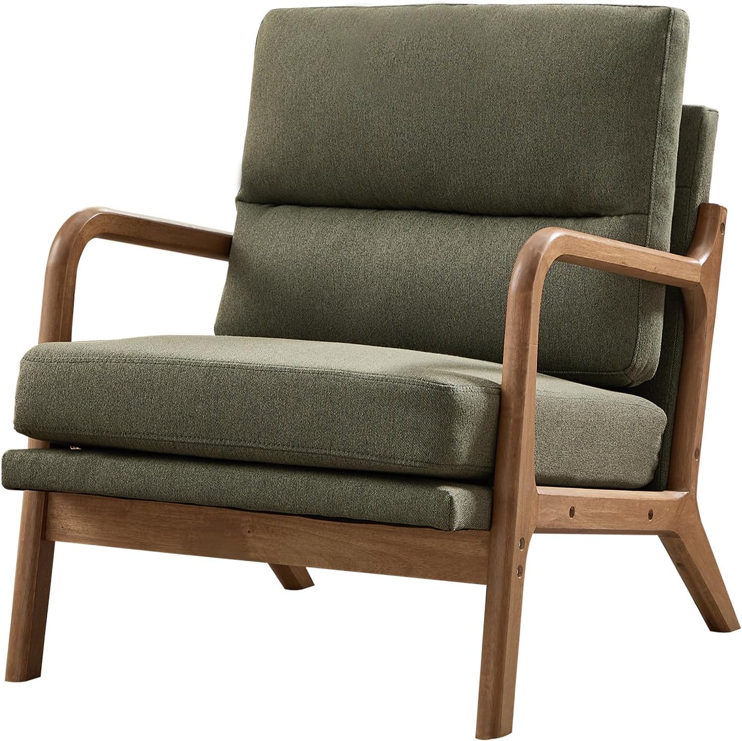 Mid Century Modern Accent Chair, Linen Fabric Upholstered Lounge Arm Chair with Solid Wood Frame and Soft Cushion for Living Room, Bedroom, Balcony (1, Green)
