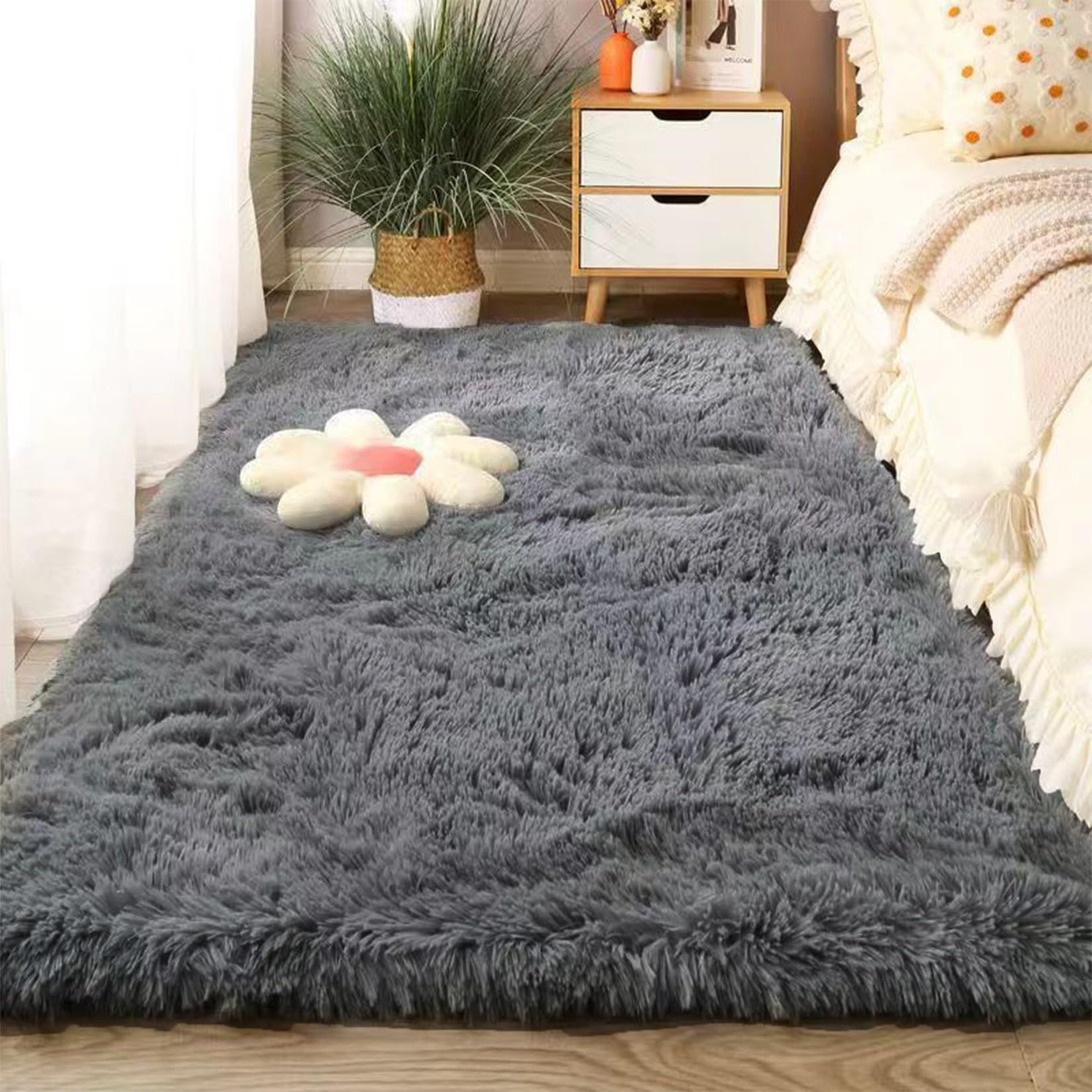 Tapis salon shaggy poil long pour chambre chaleureuse et bureau gris