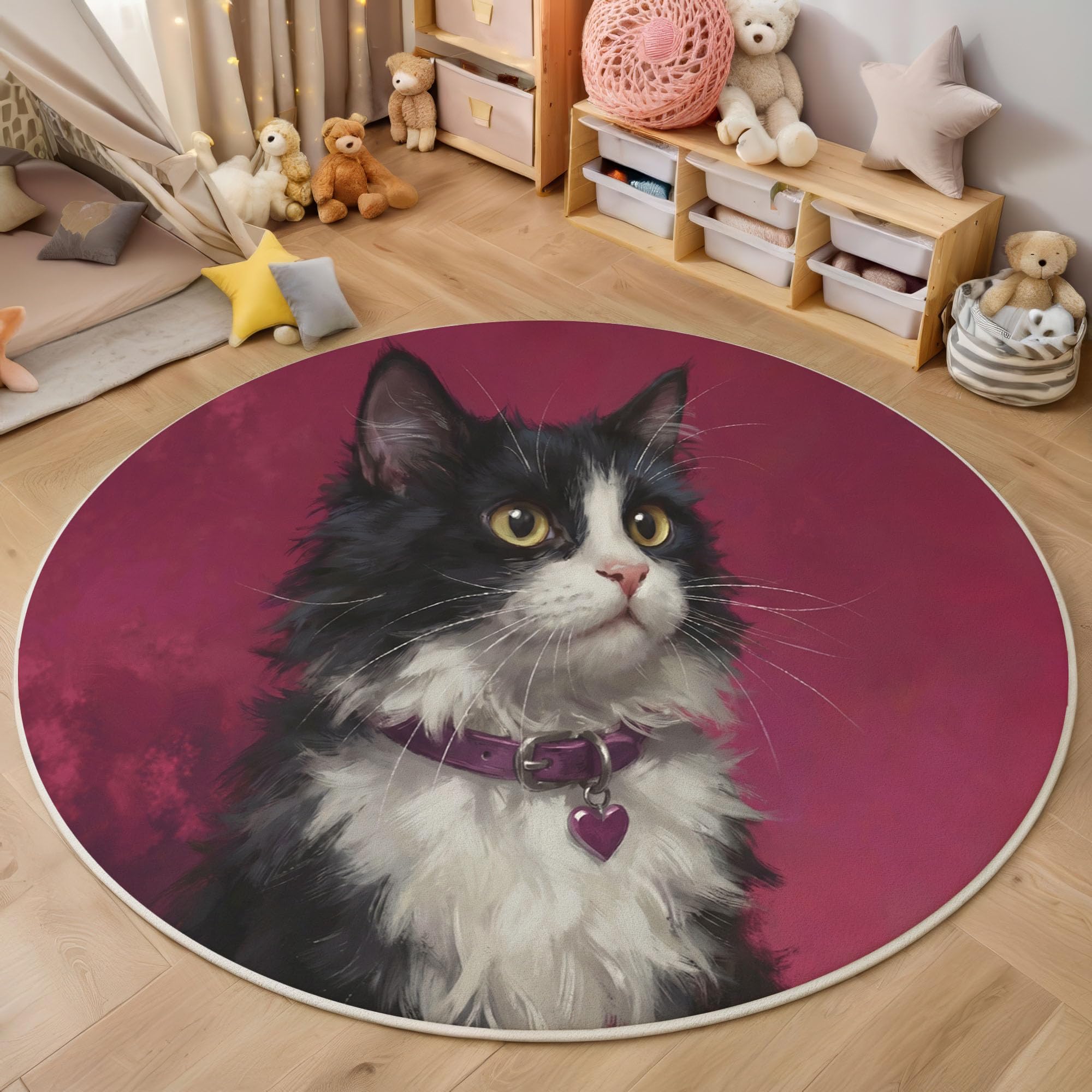 Tapis de sol imprimé chat antidérapant et doux diamètre 100 cm