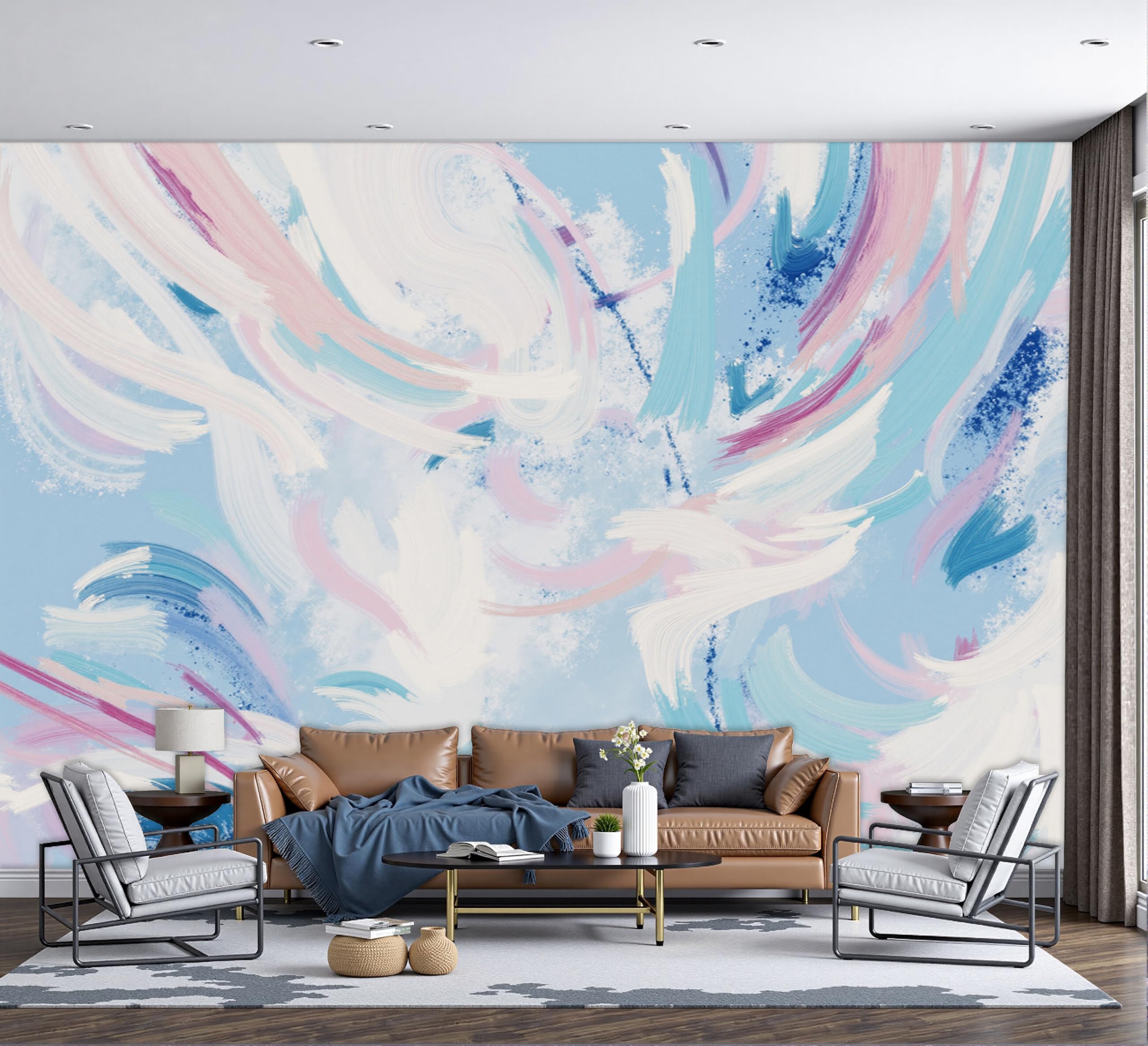 Mural de seda de rayas abstractas y arte surrealista azul de 200x140cm para salón
