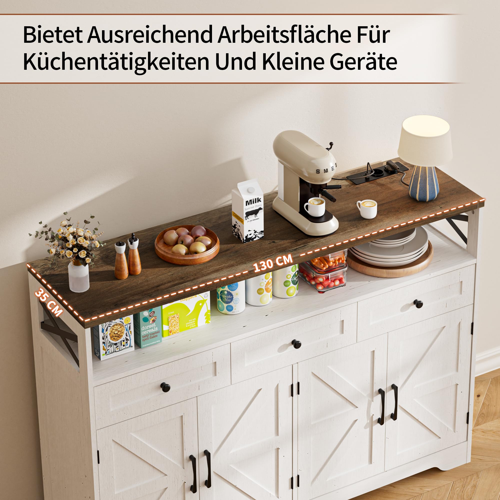 BonVache Sideboard, Küchenschrank mit Schubladen, Aufbewahrungsschrank, Anrichte mit Offenem Regal, Kaffeebar Schrank für Küche, Esszimmer, Wohnzimmer, 130 x 35 x 95cm, Cremeweiß in Holzoptik