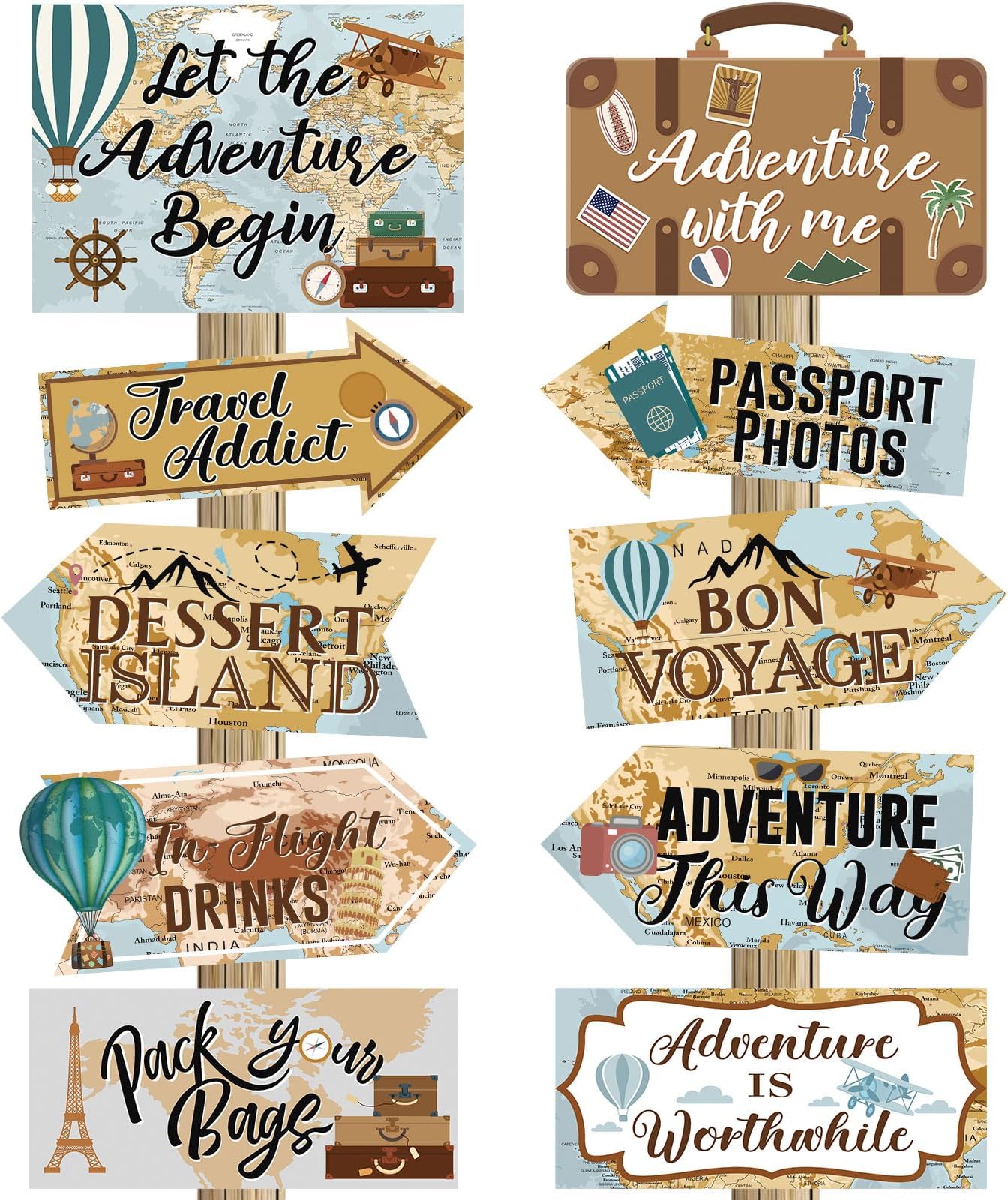 Ysleen 20 Pcs Travel Themed Party Decorations Set Let The Adventure Begin Sign Adventure Signs Bon Voyage Party Decorations for Birthday Baby Shower Travel, 11 x 8 Inch, 11 x 5 Inch (Vintage)