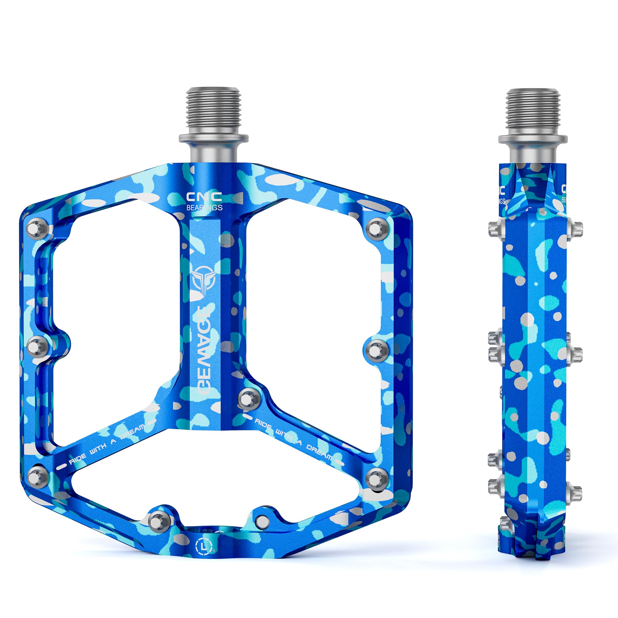 GEWAGE Pedali bici da strada/mountain bike - Pedali bici a 3 cuscinetti - Pedali piatti 9/16" lavorati a CNC con chiodi antiscivolo rimovibili