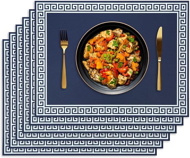 AZONEZ Placemats Set - Pack of 6 | PU Leather, Heat-Resistant, Washable, Luxury Design | Non-Slip | Table Mats 40 x 30 cm | Ideal for Kitchen, Indoor Dining (Blue)