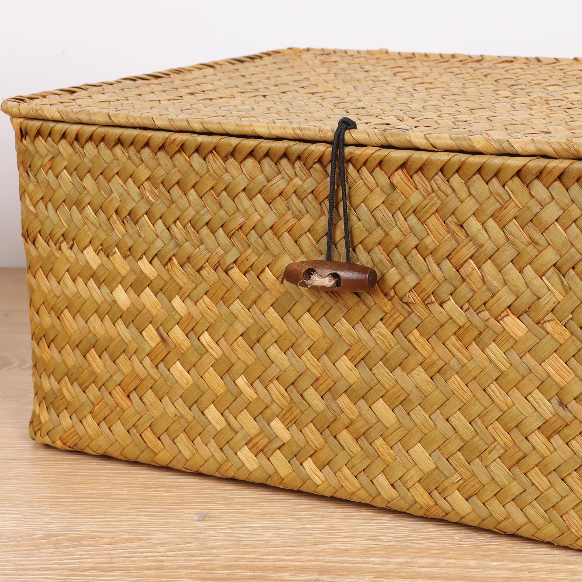 FEIALNDUO Wicker Shelf Baskets with Lid,Seagrass Storage Basket Bins Rectangular Handwoven Basket Boxes for Shelves Desktop Home Organizer (Natural - Image 4