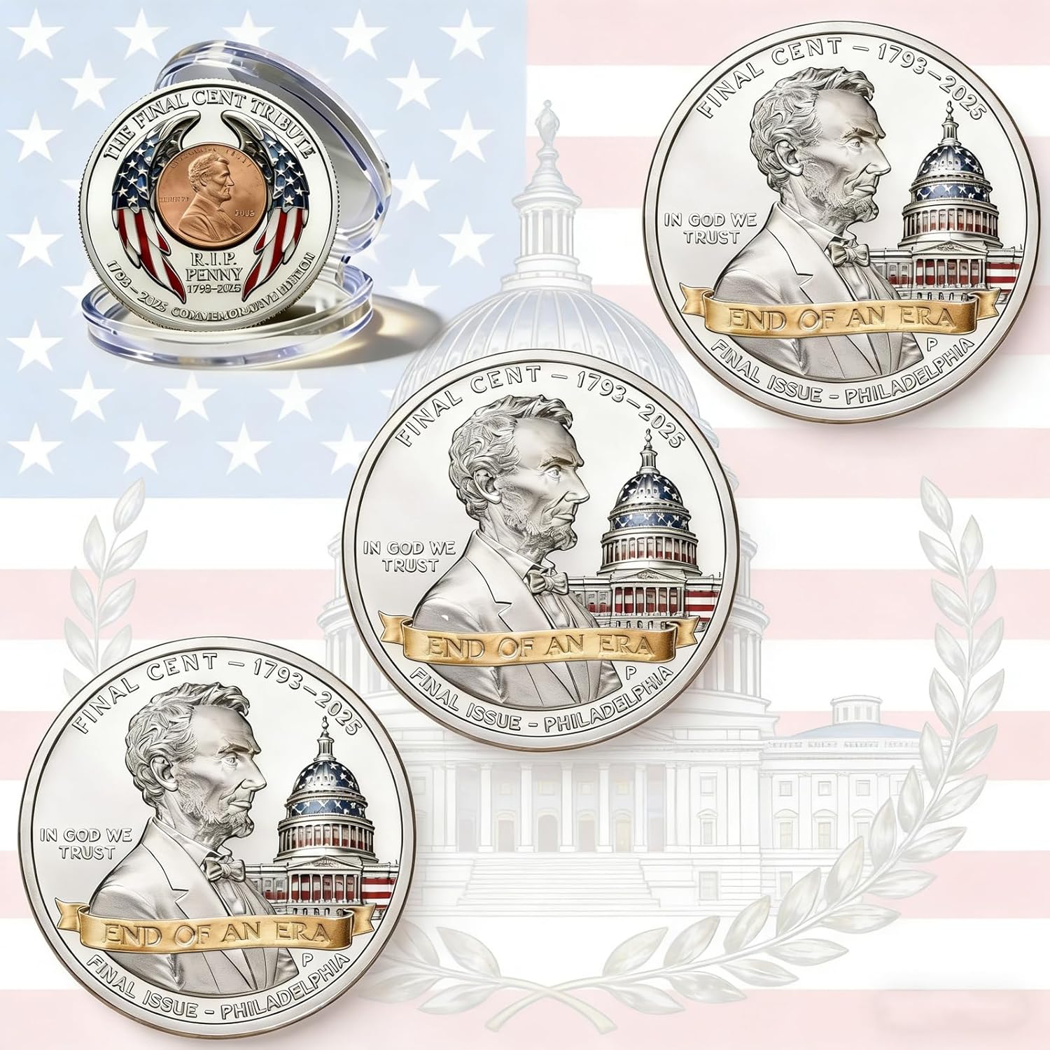 Final Cent Tribute Coin, End of an Era Penny, The Last Cent Commemorative Coin, Rip Penny, The Final Cents 1793–2026 · End of an Era (7pcs)