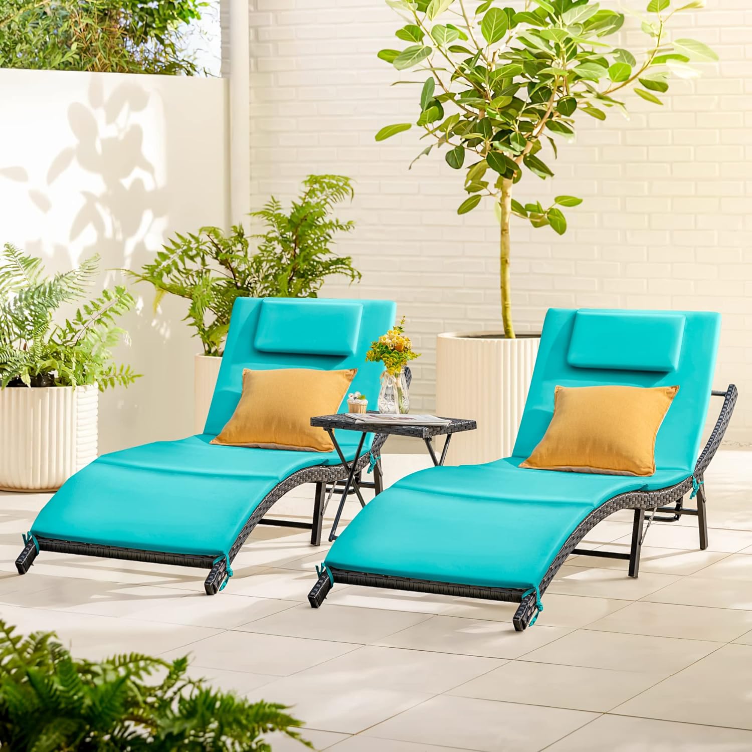 Rankok Outdoor Lounge Chairs Set 3 Pieces Adjustable Chaise Lounge with Folding Table and Cushion for Garden, Poolside, Beach (Blue)