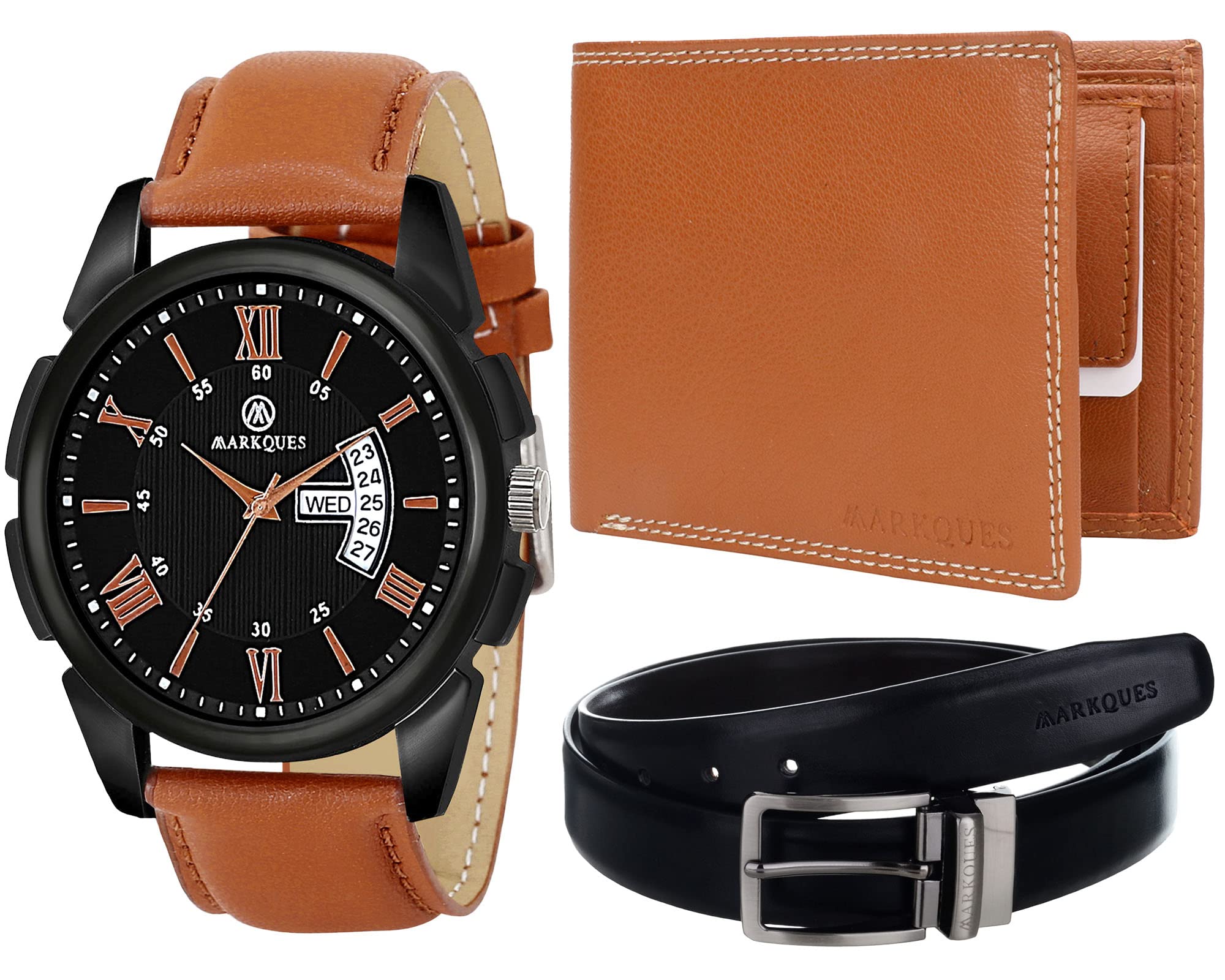MARKQUES Day & Date Mens Watch, Leather Wallet and Belt 3 in 1 Combo Gift Set for Men and Boys (IND-770104-SPT-04-NL-01) (B0B4B75S7K) Amazon Price History, Amazon Price Tracker