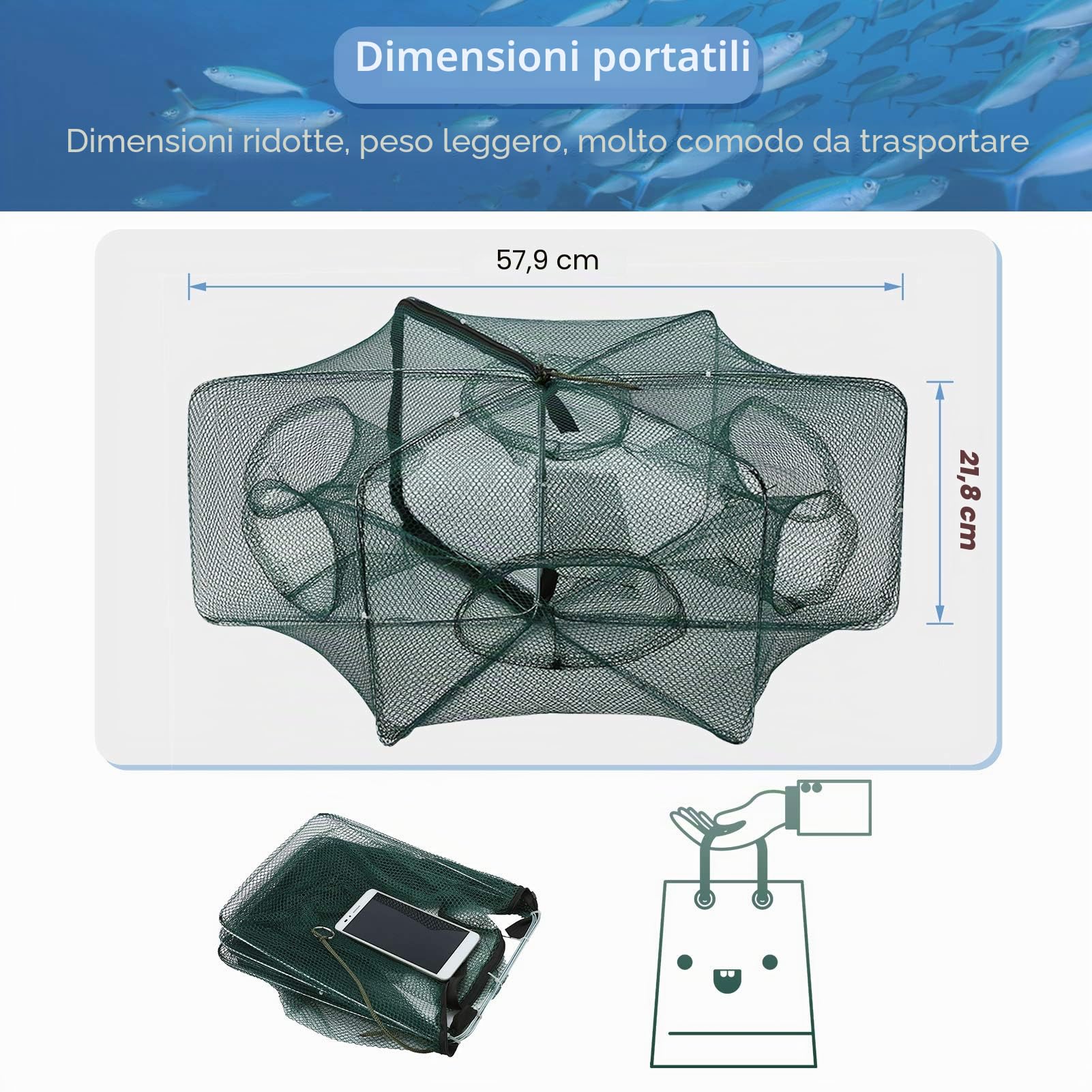 Yosoo Rete Trappola da Pesca Portatile, Trappola a Rete da Pesca in Nylon Pieghevole con 6 Fori per catturare anguille odorose Granchio Aragosta Pesce Gamberetti e aragoste