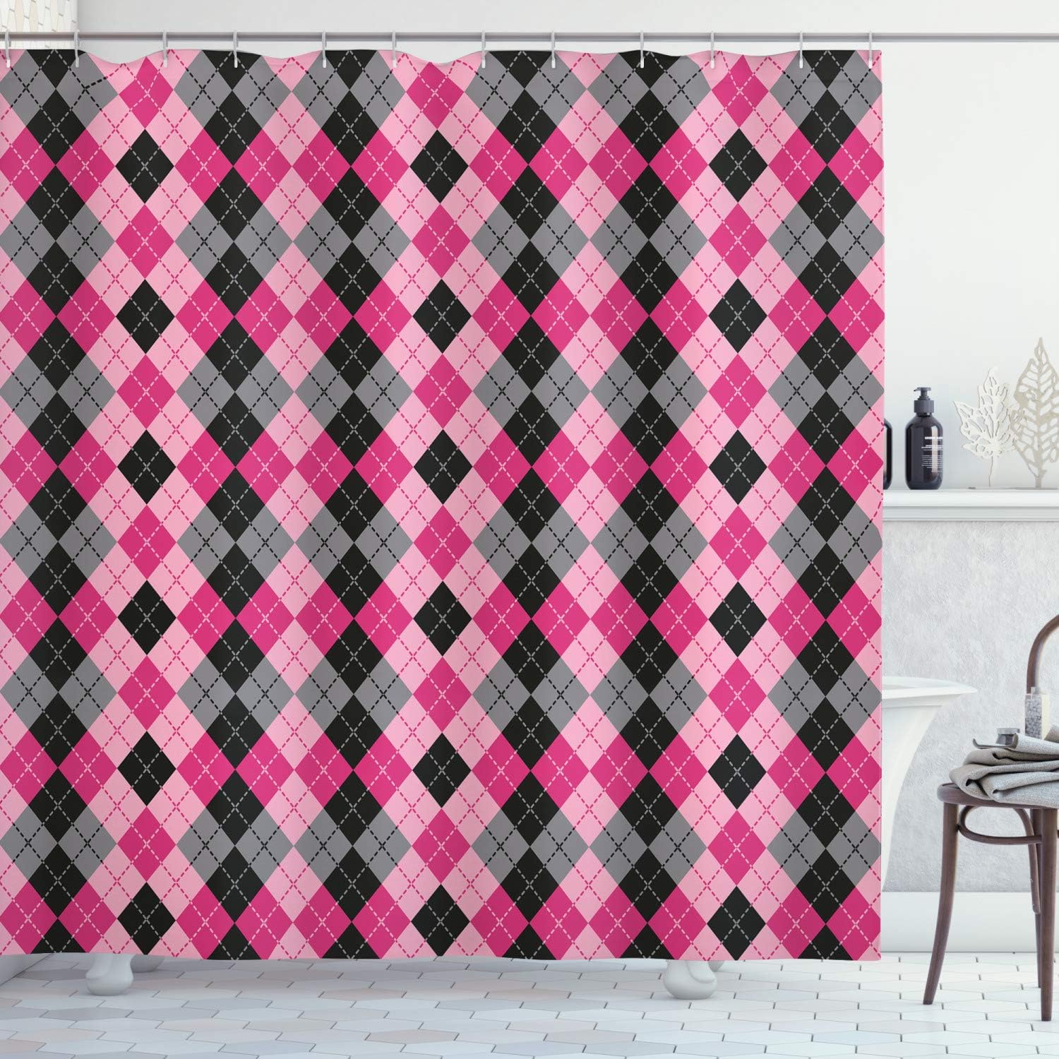 Ambesonne Abstract Shower Curtain, Argyle Motif with Diamonds and Lozenges Infinite Symmetric Stripes Image, Cloth Fabric Bathroom Decor Set with Hooks, 69" W x 84" L, Pale Pink Black Grey