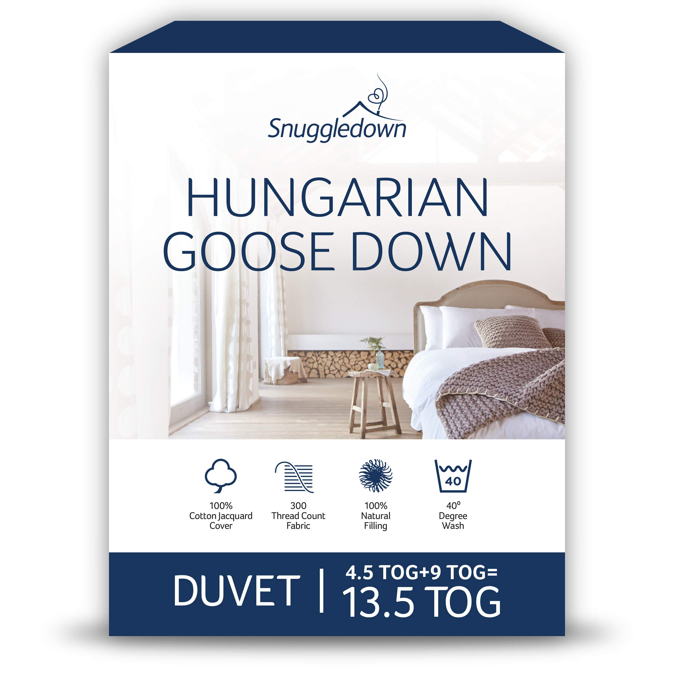 Snuggledown Hungarian Goose Down Single Duvet 13.5 Tog - 4.5 + 9 Tog Combination Quilt with Ethically Sourced 80:20 Blend | UK-Made, Cotton Cover, Box Stitch, Washable (135 × 200cm)
