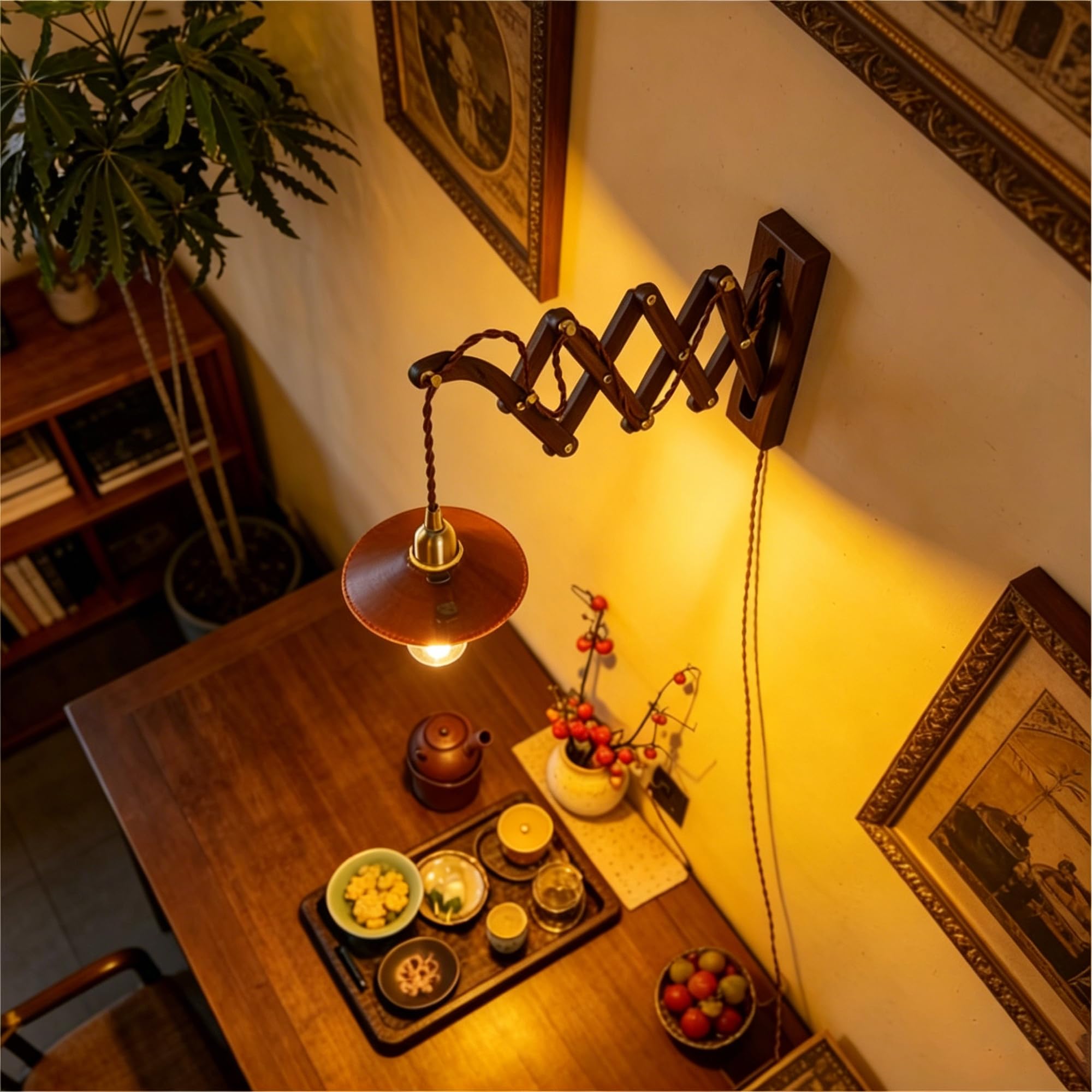 OOWOKS Applique in Legno con Interruttore Lampada a Forbice Estensibile E27 | Applique da Interno in Stile Vintage Country Braccio Regolabile Lampada da Parete con Cavo Flessibile Lampada da Comodino