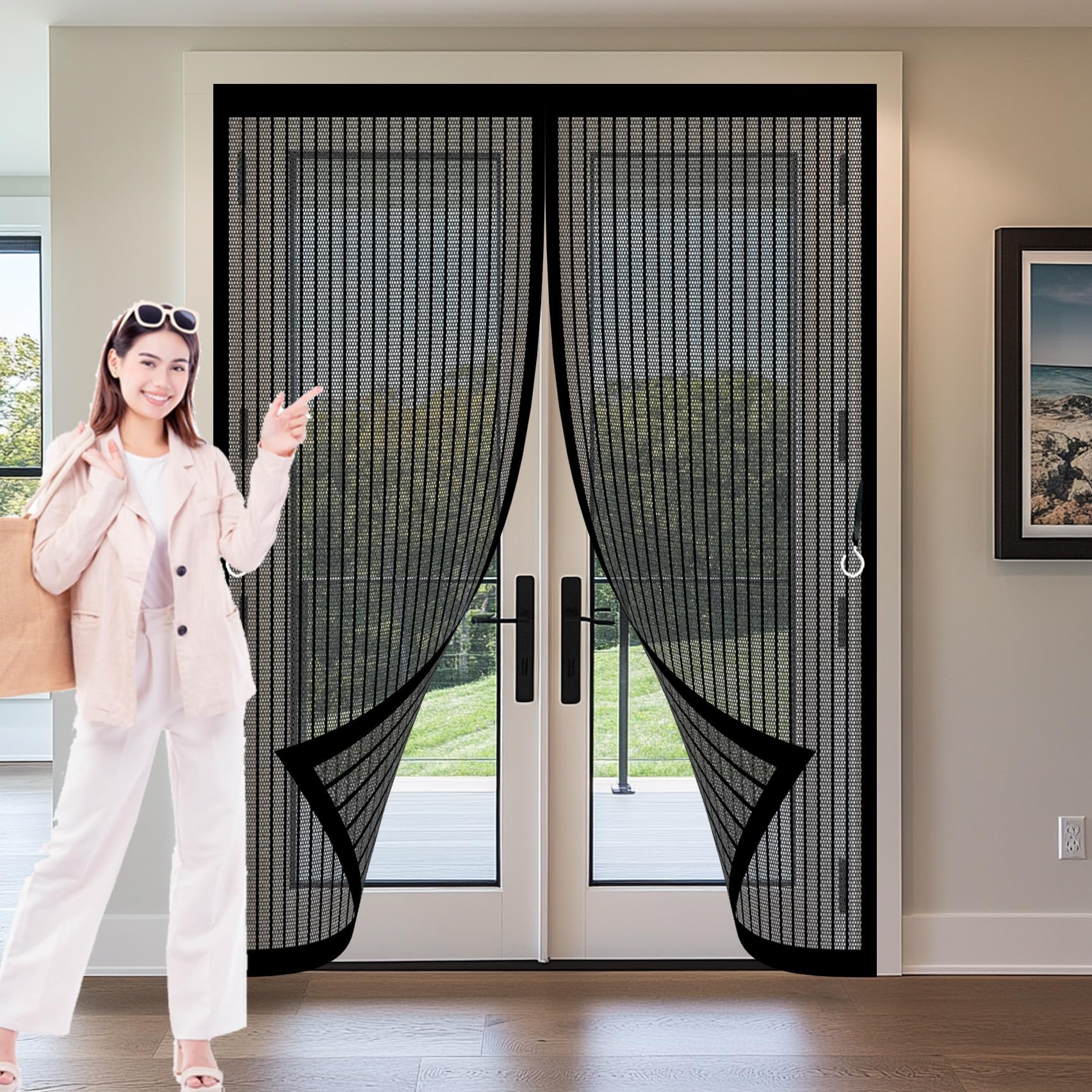 Xueqxue Black Door Fly Screen Curtain 126 X 156 Cm With Powerful Magnets & Full Frame Magic Tape, Keep Bugs Out & Lets Fresh Air In Flyscreen French Doors For Patio Doors Balcony,