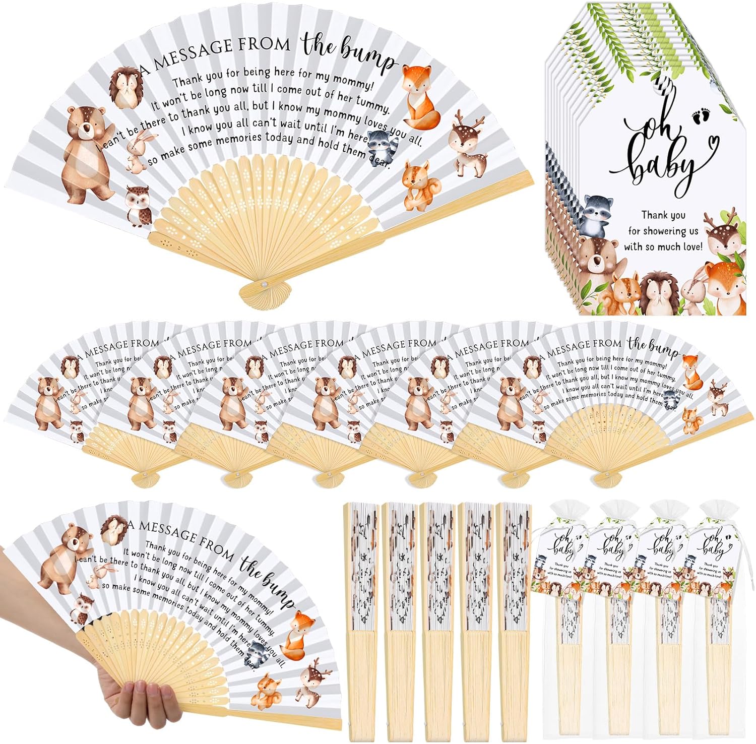 50 Sets Safari Animals Baby Shower Hand Fans for Guests, Bamboo Folding Fans with Thank You Cards Organza Bags Safari Animals Baby Shower Party Favors Decor
