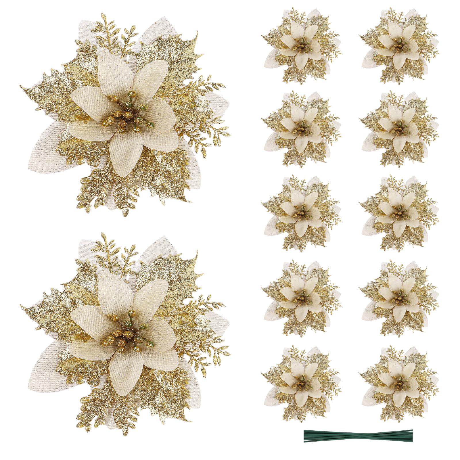 Dolacia Gold Christmas Artificial Flowers With Stems, 12 Pieces Xmas Glitter Poinsettia Flowers Wreath Ornaments For Christmas Tree, New Year, Wedding Party Garland Decoration (Gold)