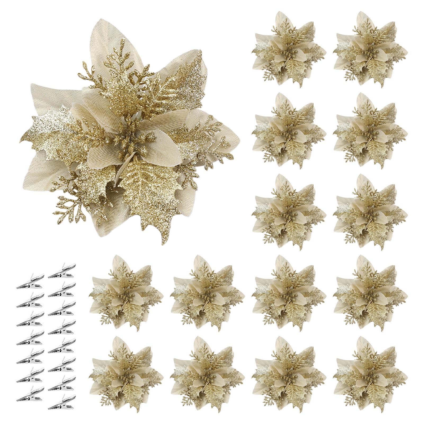 NHBETYS 15 flores artificiales de Pascua con clips, adornos de Navidad con purpurina para árbol de Navidad, guirnalda de bricolaje, decoración de fiesta en el hogar