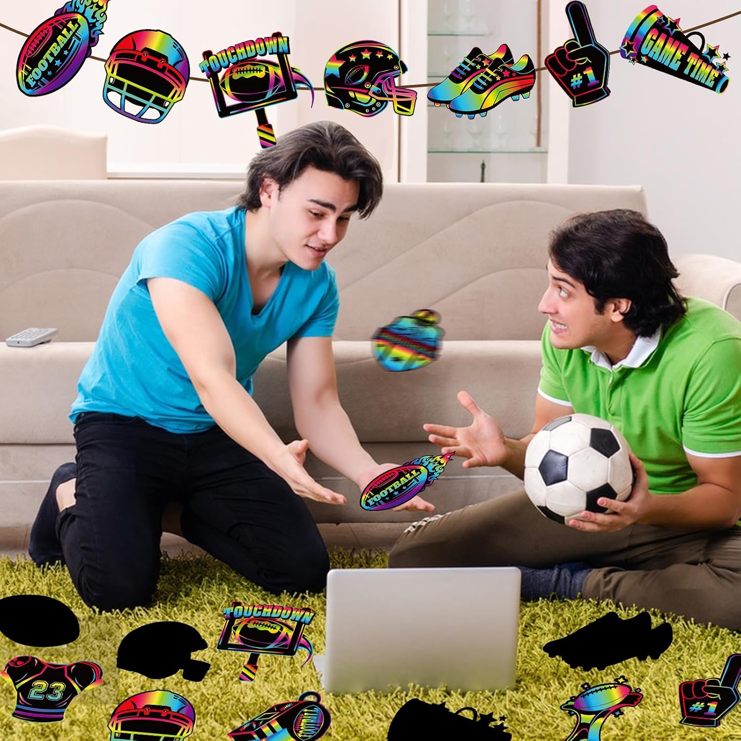 HOWAF 36pcs Football Scratch Paper Crafts Kit Football Helmet Scratch Cards Football Rainbow Scratch Off Cards for Football Party Activity School DIY Drawing,Football Sports Paper Scratch Pad for Kids - Image 5