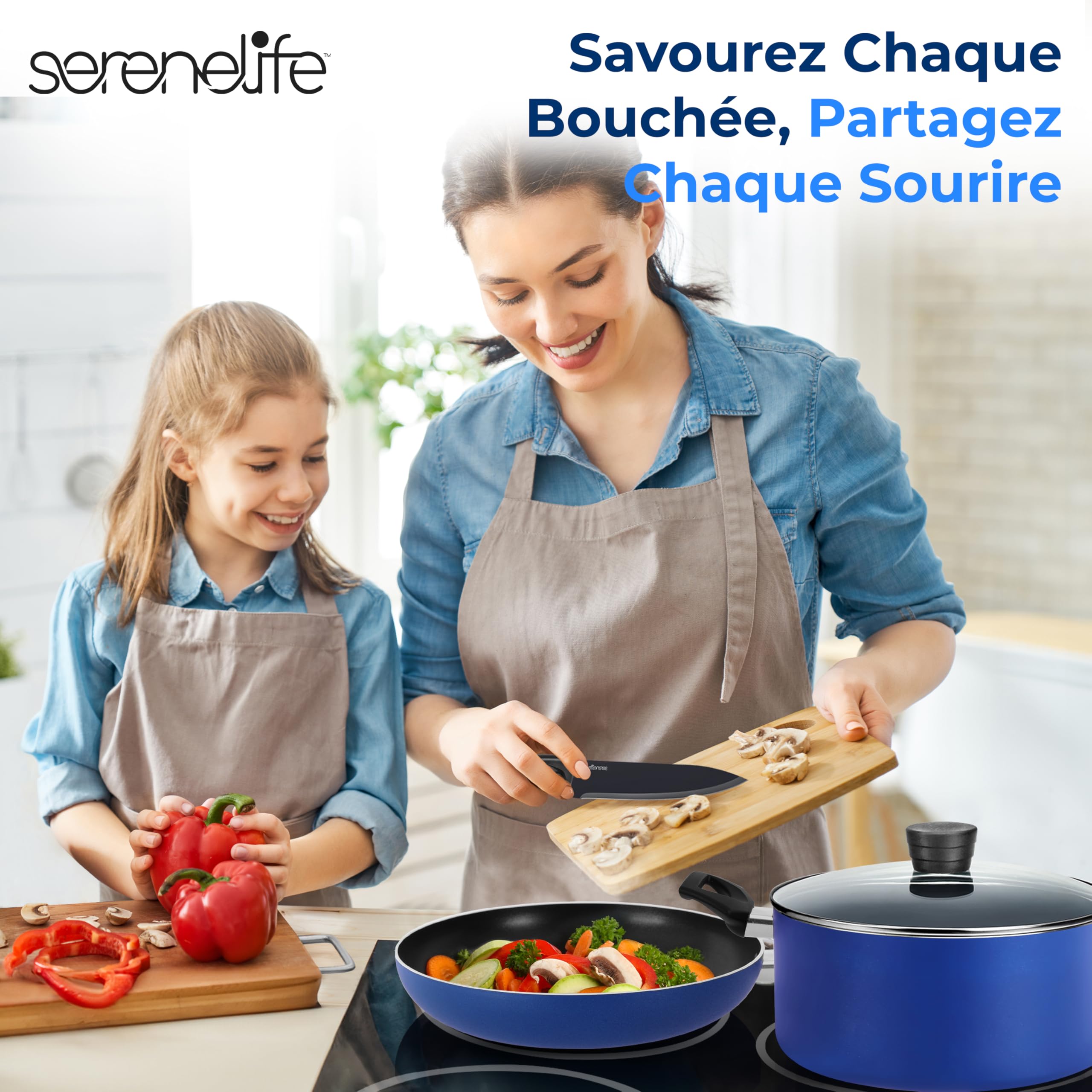 SereneLife Batterie de Cuisine 20 Pcs – Set de Casseroles, Poêles et Faitout Antiadhésif, Inclut Couvercles, Ustensiles et Couteaux, Compatible Gaz, Électrique et Lave-Vaisselle, Résistante Chaleur