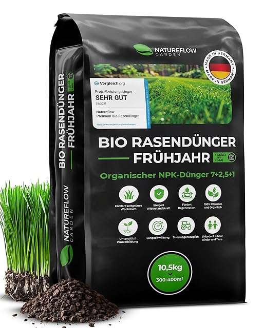 Natureflow Bio-Rasendünger Frühjahr & Sommer – TESTSIEGER, Made in Germany – 10,5 kg für 400 m² – Organische Nährstoffversorgung für gesunden Boden und dichtes, sattgrünes Grün — Saat & Dünger