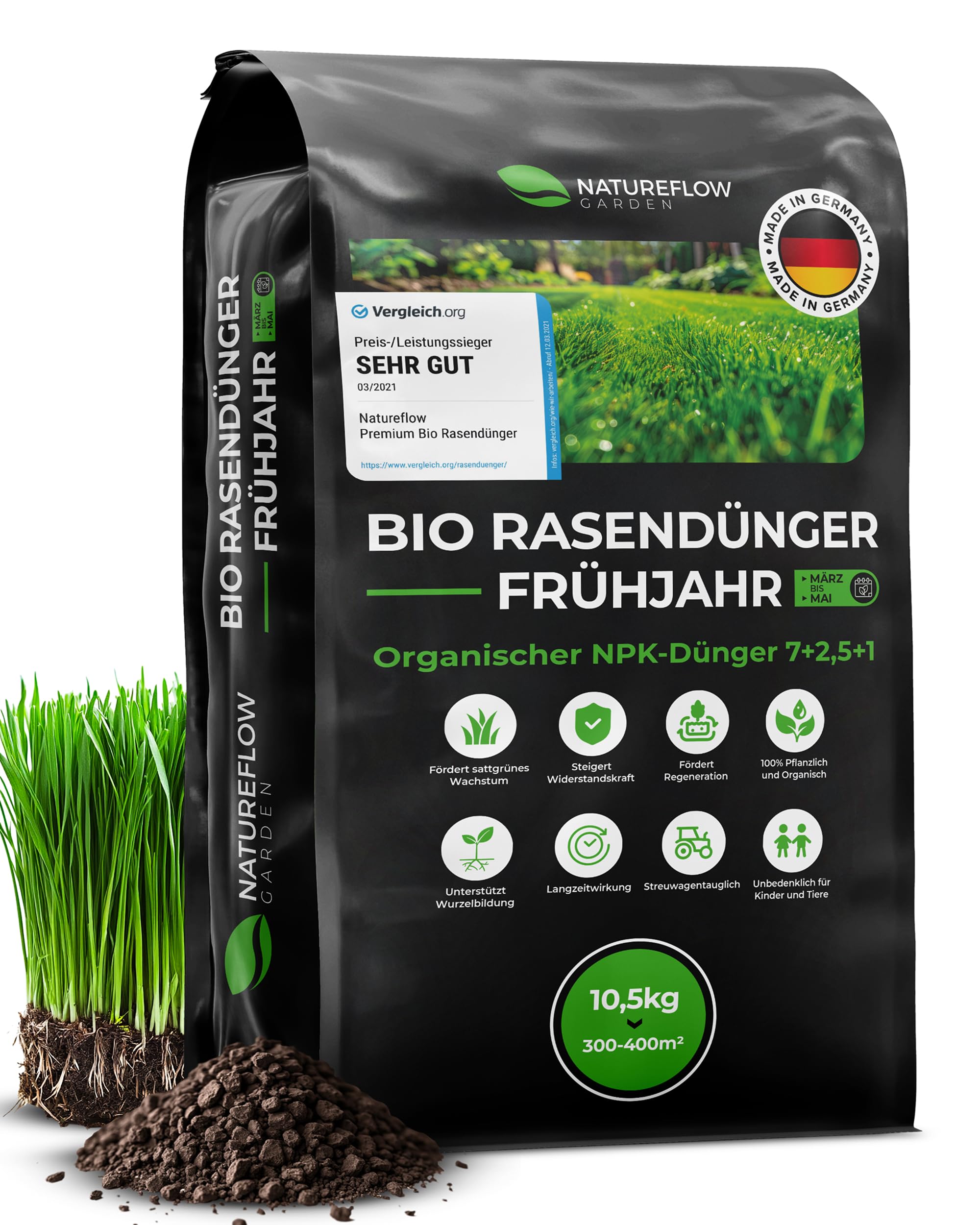Bio-Rasendünger Frühjahr & Sommer – TESTSIEGER, Made in Germany – 10,5 kg für 400 m² – Organische Nährstoffversorgung für gesunden Boden und dichtes, sattgrünes Grün