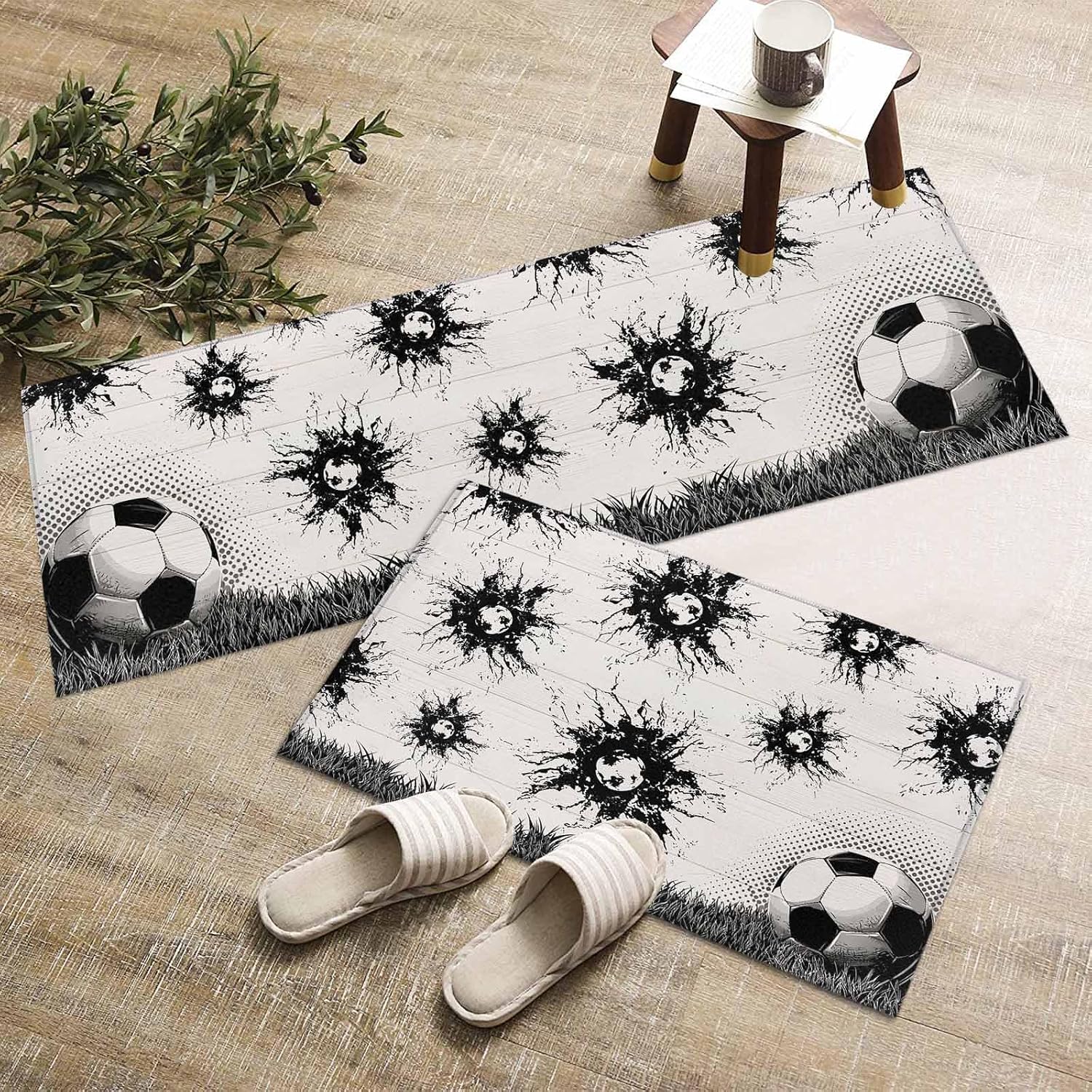 Kitchen Mats for Floor Retro Sport Football Grassland Washable Non Slip Kitchen Rugs 2PCS, Abstract Texture on Wood Absorbent Standing Mats for Sink Office Living Room 15.7x23.6in+15.7x47.2in