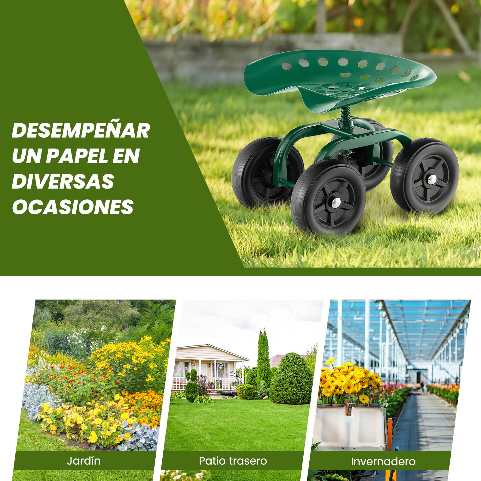 COSTWAY Carrito de Jardín con Asiento Giratorio de 360° y Altura Ajustable, Carro de Taburete de Jardinería con Ruedas, Taburetes Móvil para Jardinería para Jardín, Césped y Patio Trasero (Verde)