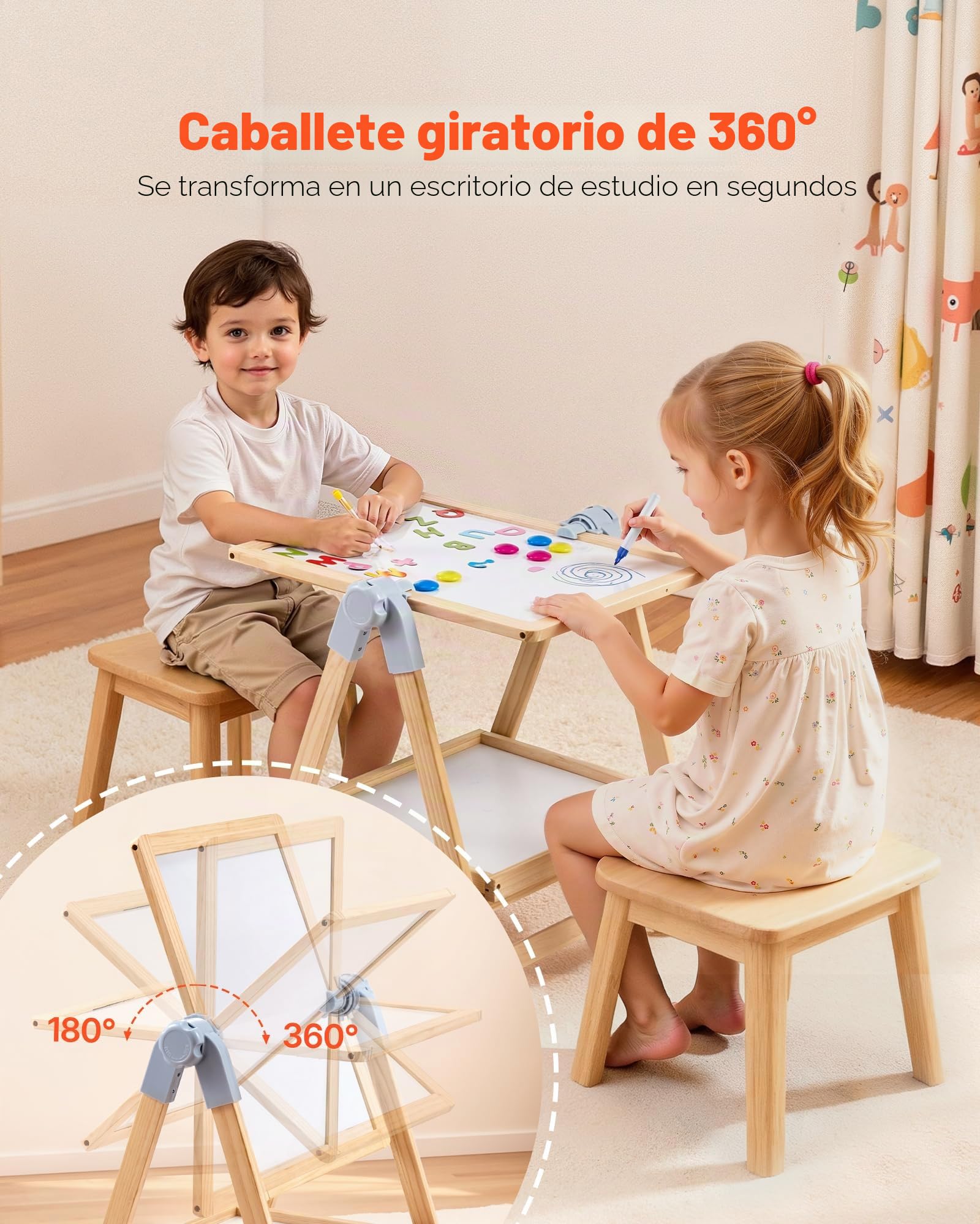VEVOR 2 en 1 Caballete para Niños, Caballete de Madera de Doble Cara con Pizarra Magnética y Pizarrón, Tablero de Dibujo Plegable Giratorio de Pie Ajustable con Accesorios de Pntura para Niños