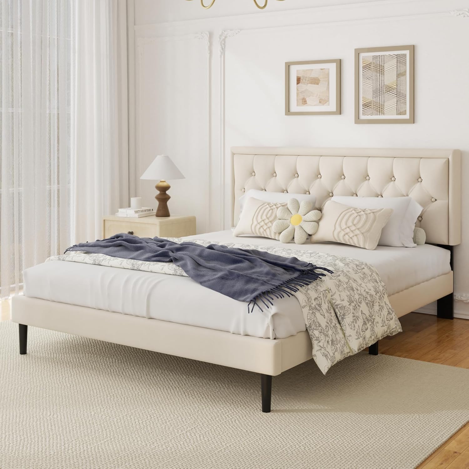 King Size Platform Bed Frame with Upholstered Velvet Button Tufted Headboard, Mattress Foundation with Wooden Slat Support, No Box Spring Needed, Easy Assembly, Noise Free, Beige - Image 5