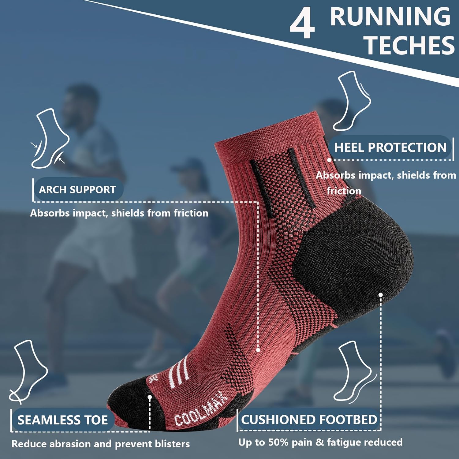 Mens Ankle Running Socks Coolmax Cushion Compression Socks Anti-Blister 3 Pairs Athletic Sock for Hiking Basketball - Image 5