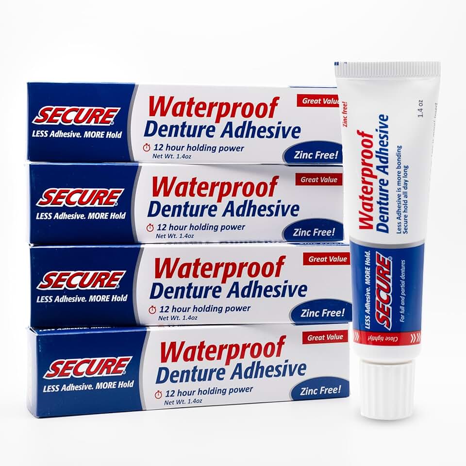 Secure Denture Adhesive Cream for Uppers, Lowers &amp; Partials – Waterproof Seal &amp; Zinc Free – Food Grade Ingredients - Less Adhesive, More Hold - Tube Lasts Up to 8 Weeks - 1.4 oz (4 Pack)