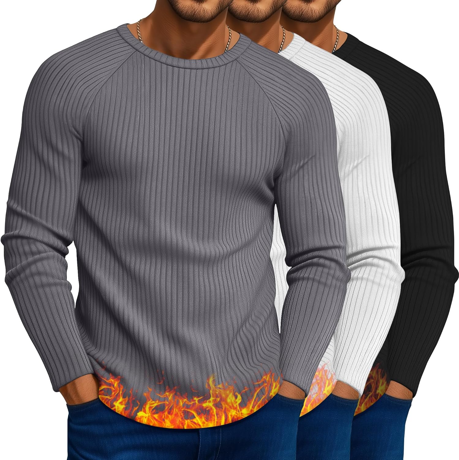 Sweetyweee 3 Pack Men's Big and Tall Thermal Shirts Ribbed Long Sleeve Cotton Crew Neck Tops Raglan Basic Undershirt