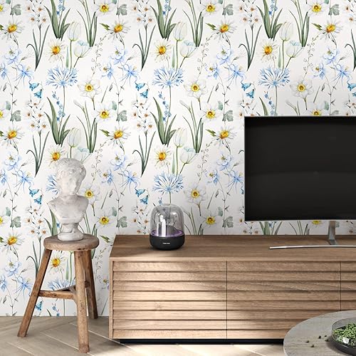 Miniatura 7 de Papel tapiz floral para despegar y pegar, papel de contacto con margaritas blancas, papel tapiz floral bohemio de 17.5 x 118 pulgadas, papel de