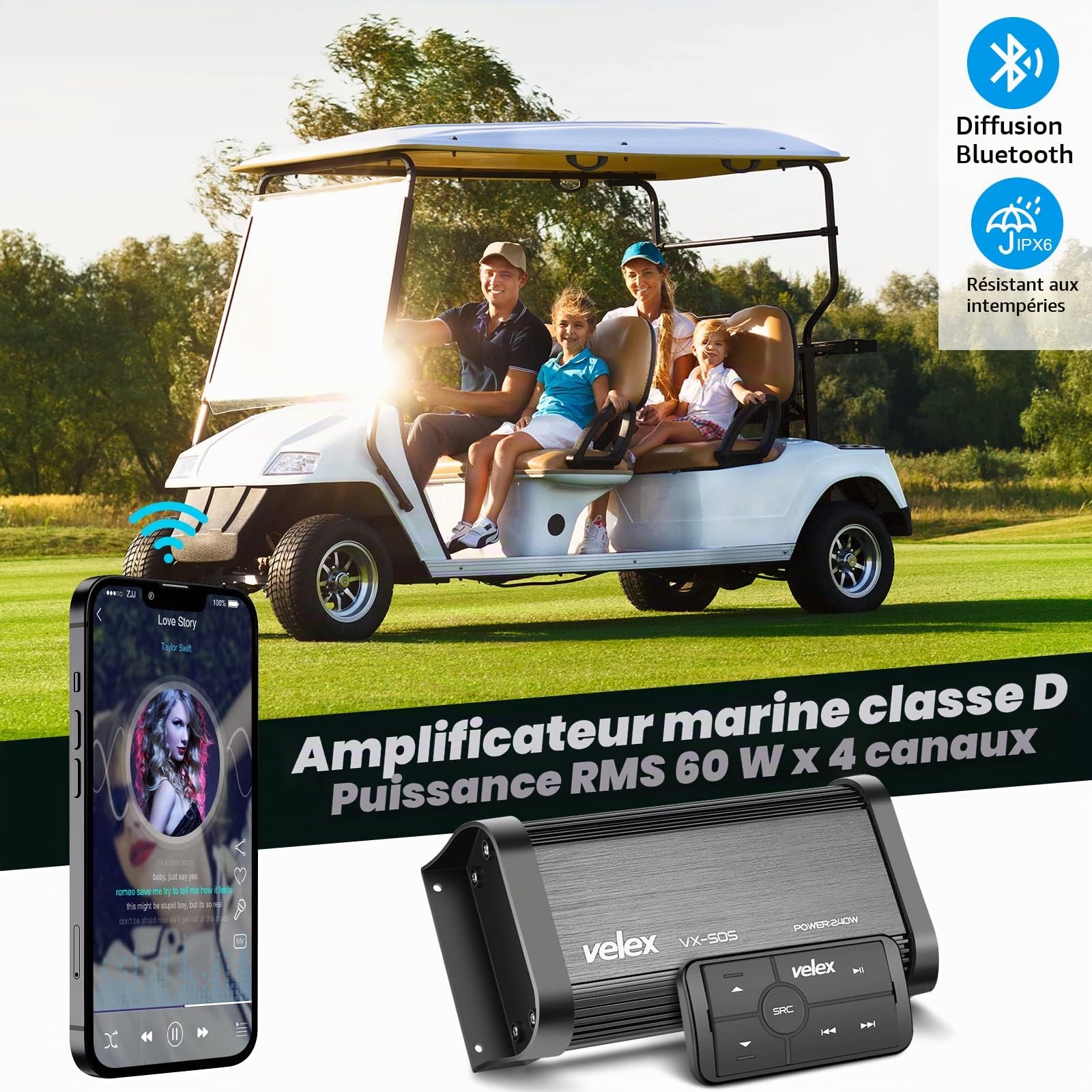 Amplificateur Bluetooth marin 4 canaux Classe D Amp stéréo sur les bateaux UTV ATV Golf Chariots et voitures