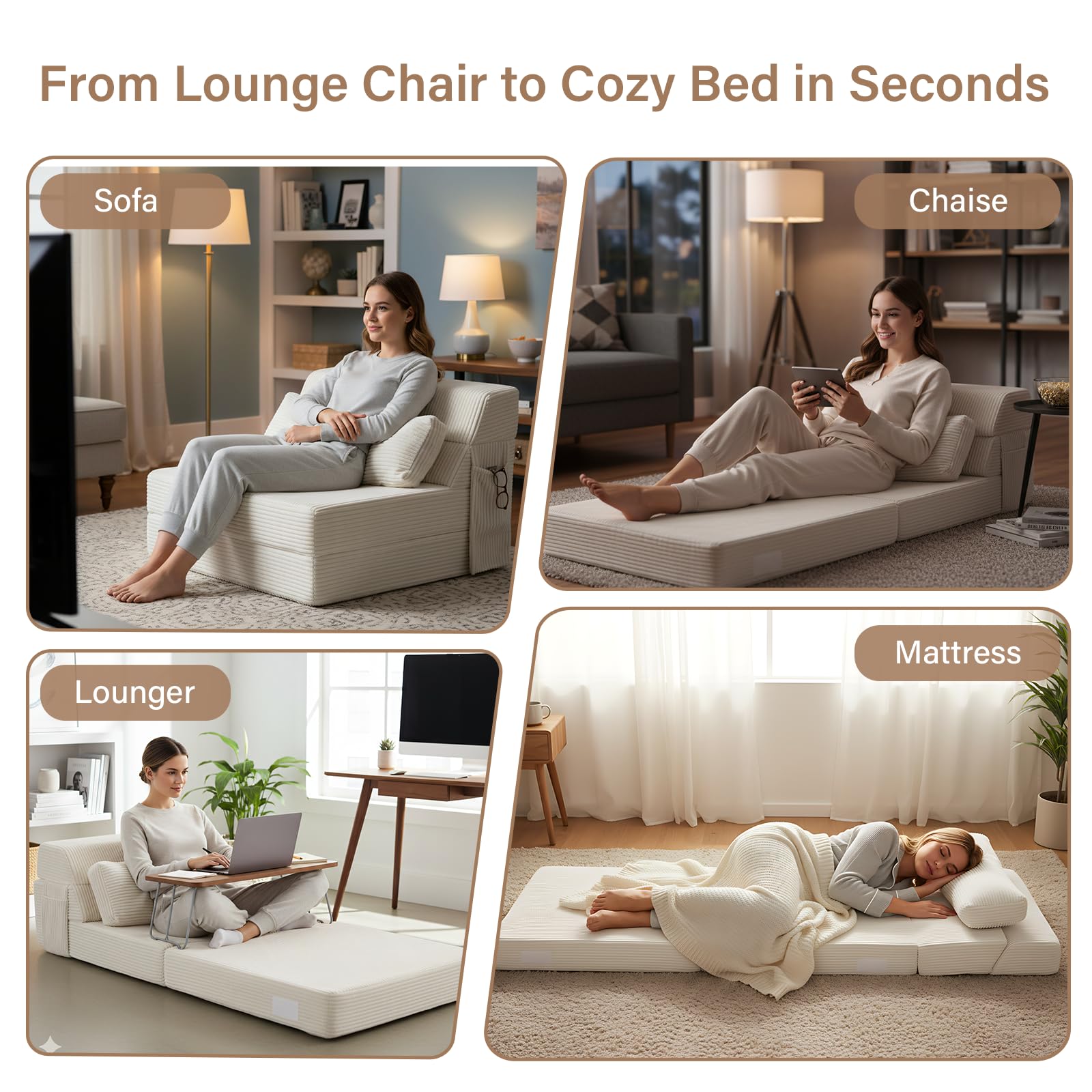Folding Sofa Bed with Pillow, Convertible Sleeper Chair, Comfy Floor Futon Couch Mattress Lounge Sofa for Adults Portable Fold Out Chair Bed for Living Room Bedroom, Single, Beige