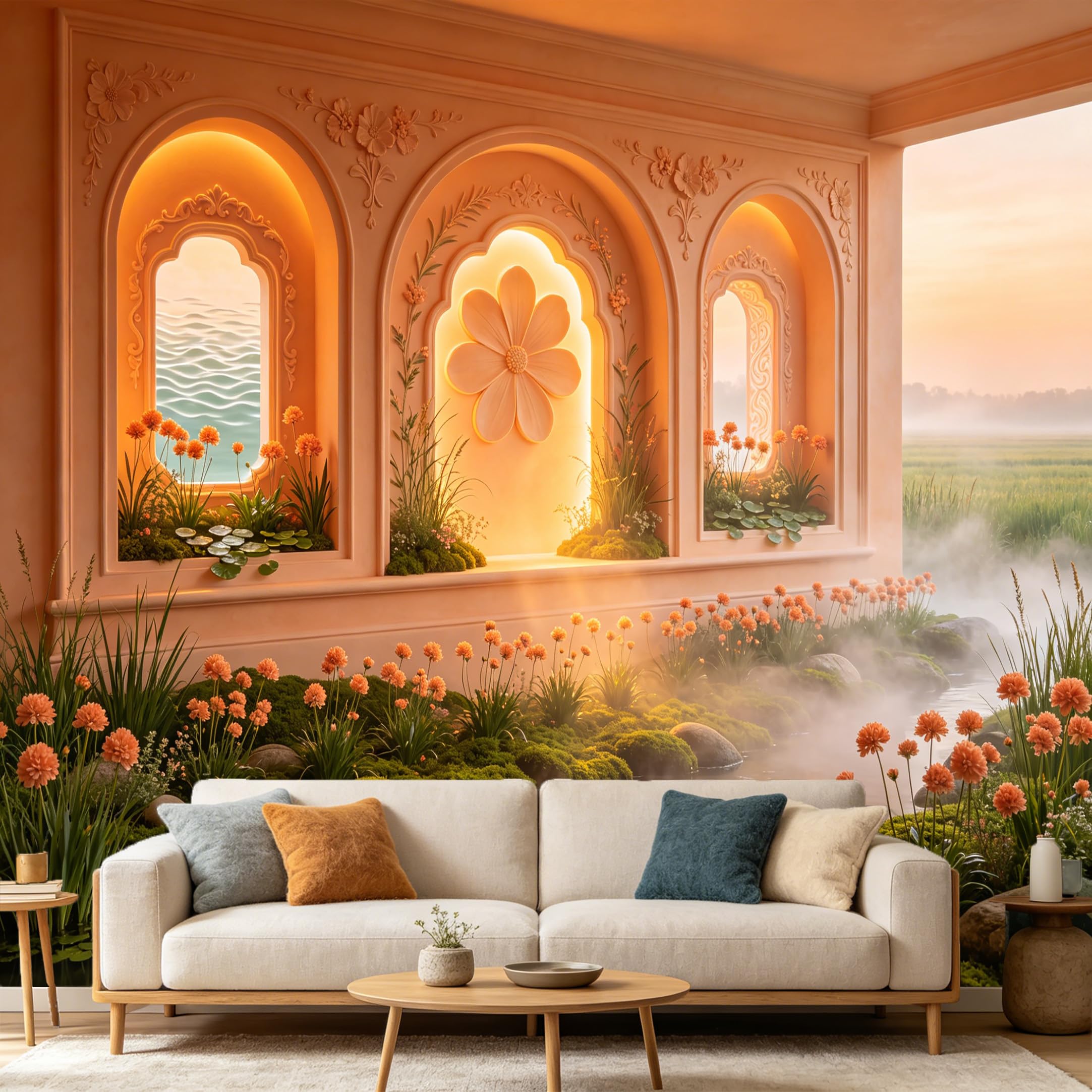 Custom Size Wall Mural， 3D Archway Zen Garden Pond Water Landscape Botanical Flower， SelfAdhesive Art Prints wall Fabric Removable Large Wallpaper Home Living Room Decor