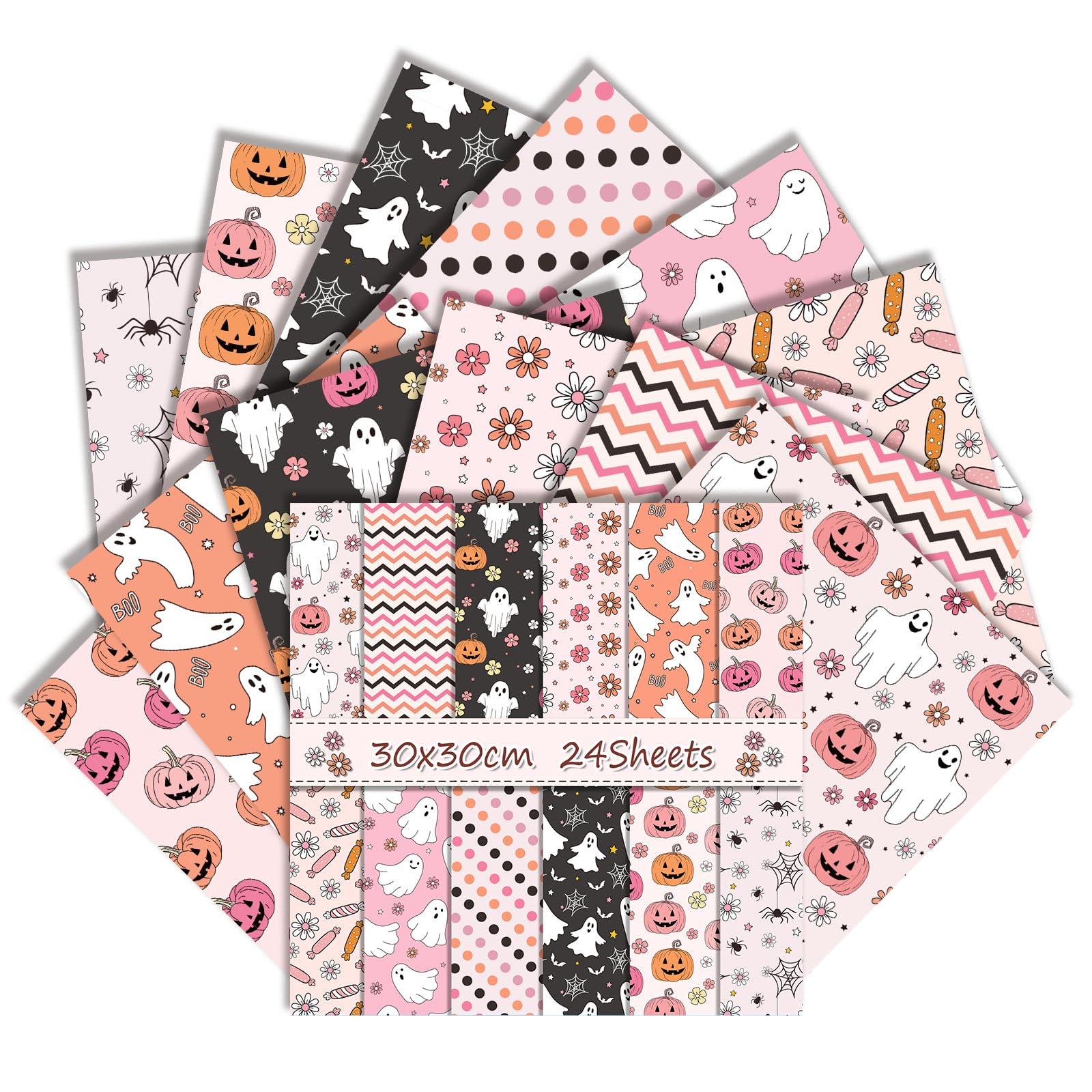 Halloween Scrapbook Paper 24 Sheets 30x30 cm Double Sided Decorative Craft Paper for Scrapbooking Origami Junk Journaling Card Making Decoupage Collages Mixed Media (Pink, 11.8x11.8)