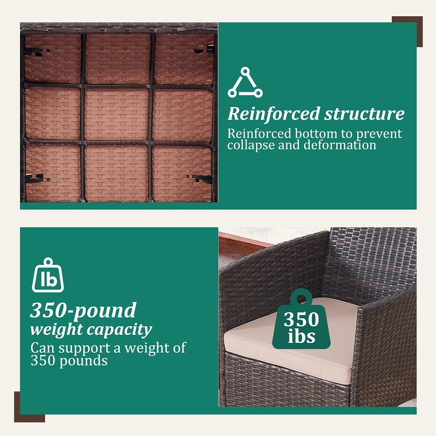 3 Piece Patio Furniture Set - Outdoor Conversation Sets with Coffee Table, Rattan Chair Set for Garden/Poolside, Brown/Khaki