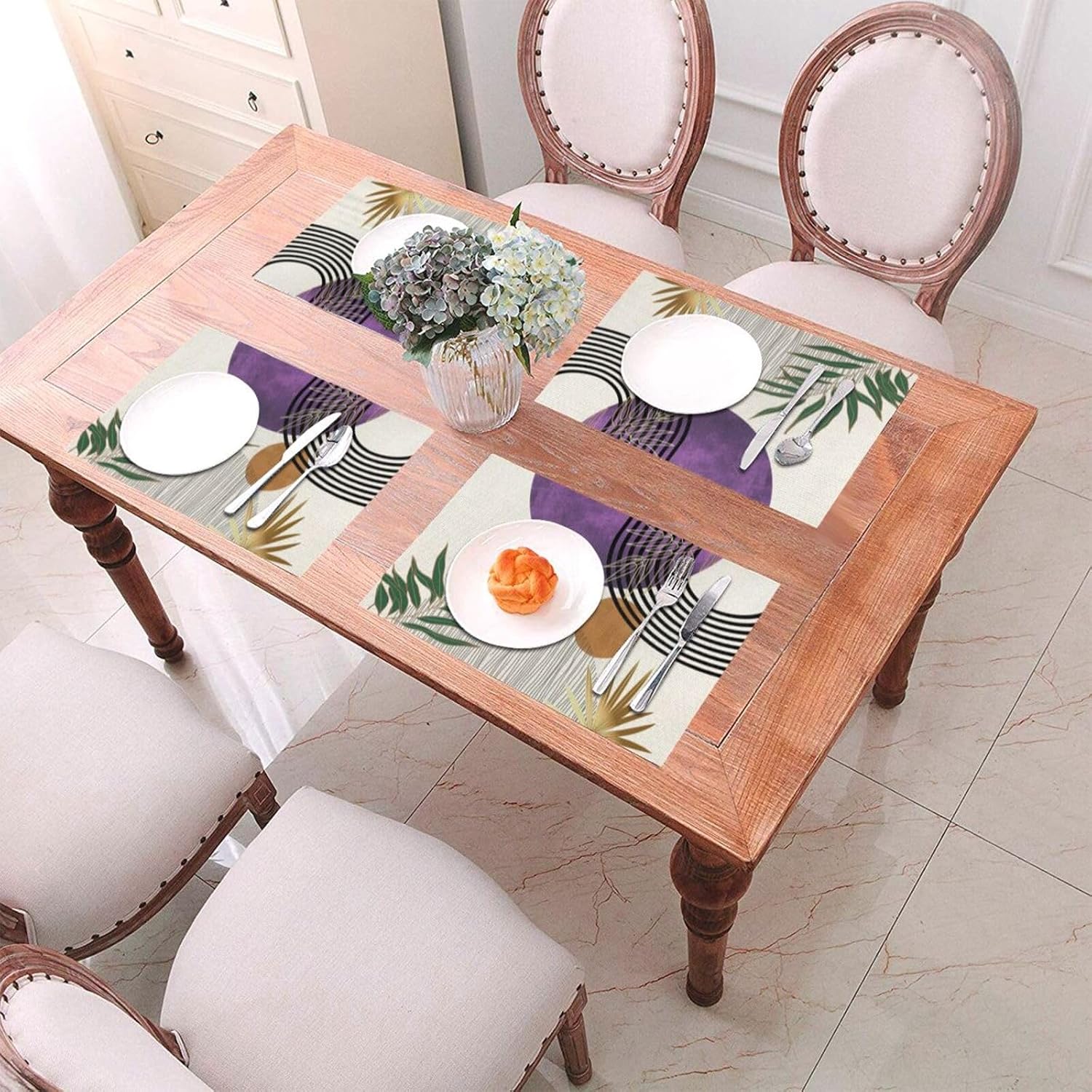 Mid Century Placemats 12x18 Inches Set of 4, Modern Boho Purple Green Tropical Leaf Decorative Rectangle Table Mats for Party, Home Kitchen,Dining Table Decoration