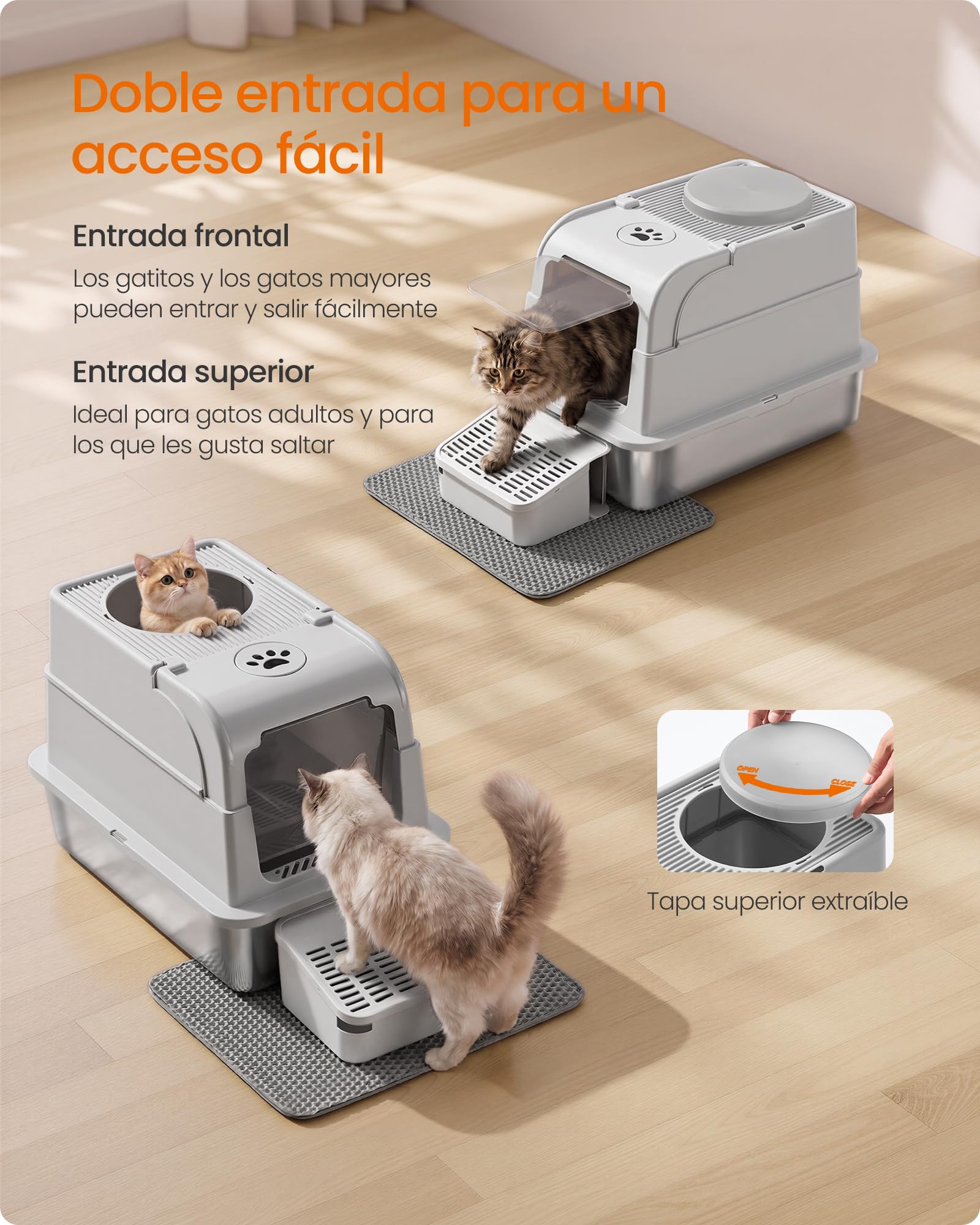 Feandrea Arenero para Gatos de Acero Inoxidable con Tapa, Caja de Arena Cerrada, 2 Entradas, Pala y Cepillo, para Gatos de hasta 15 kg, Gris Claro PPT021G101