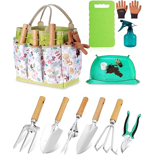 Garden Tool Set 11-Piece Heavy Duty Gardening Hand Tools - Rust-Resistant Stainless Steel with Durable Stylish Garden Tools Organizer Tote Bag | Ideal Gardening Gift for Women & Garden Enthusiasts