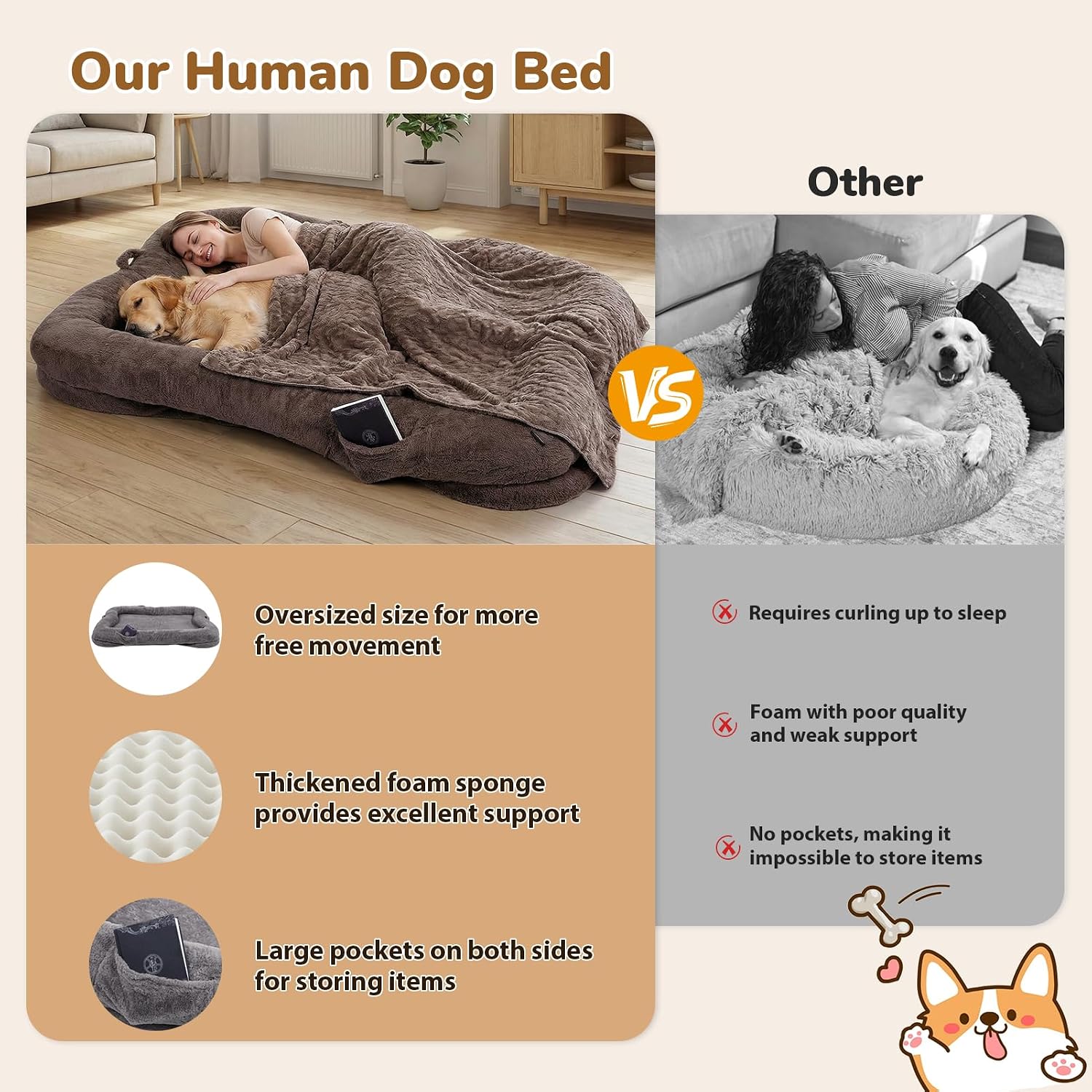 Human Dog Bed, 71 x 47 x 12 in Washable Extra Large Dog Bed for People, Giant DogBed with Storage Pockets, Brown